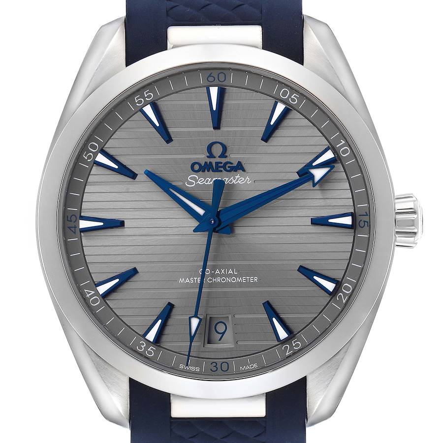 The Omega Aqua Terra watch is shown from a front angle, displaying the entire face, hands, bezel, and part of the strap.