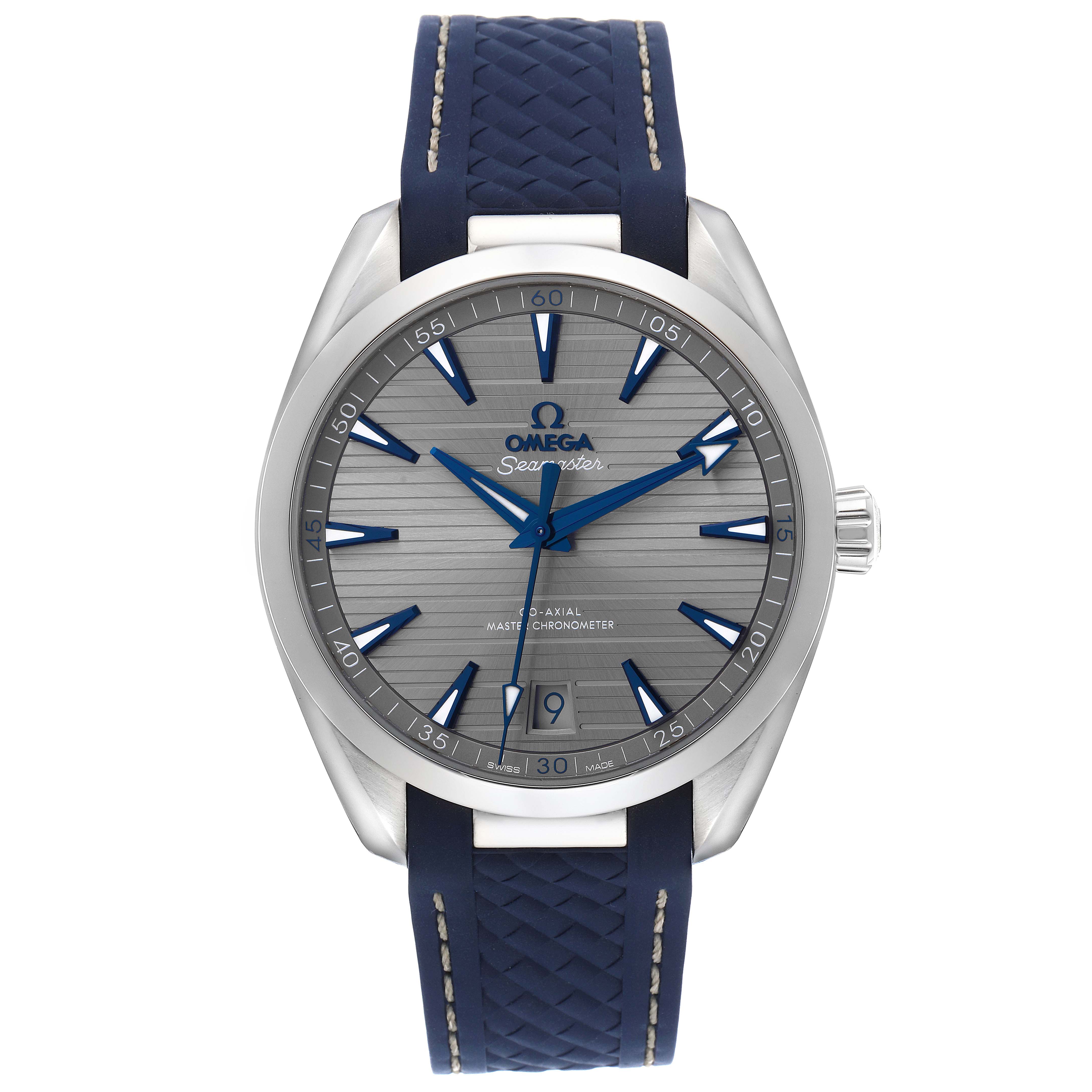 The Omega Aqua Terra 220.13.41.21.06.001 Men
s Stainless Steel Grey Dial 220.13.41.21.06.001 Men
s Stainless Steel Grey Dial watch is shown from the front, displaying the face, bezel, and strap.