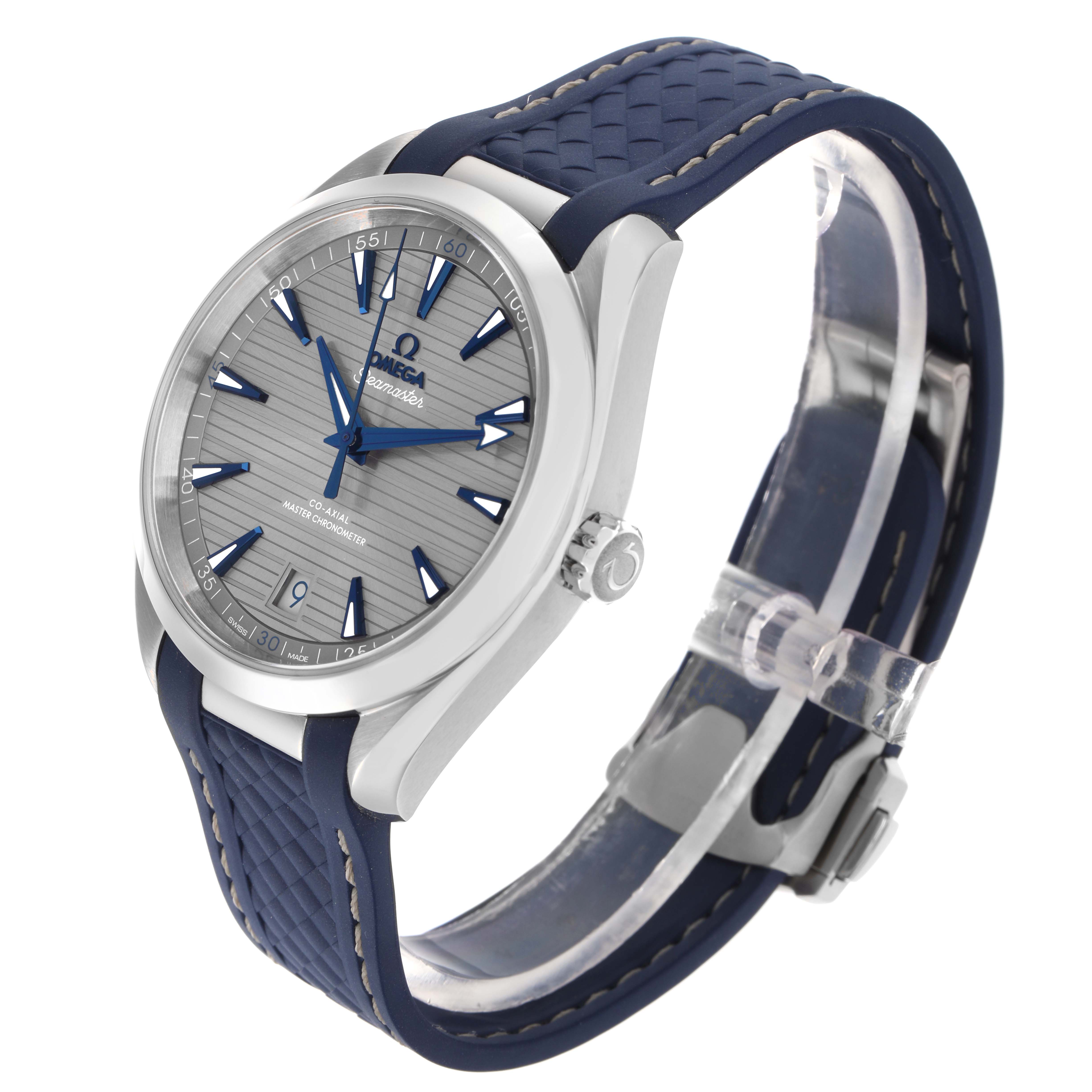 The Omega Aqua Terra 220.13.41.21.06.001 Men
s Stainless Steel Grey Dial 220.13.41.21.06.001 Men
s Stainless Steel Grey Dial watch is shown at a three-quarter angle, displaying the face, bezel, crown, and blue strap.