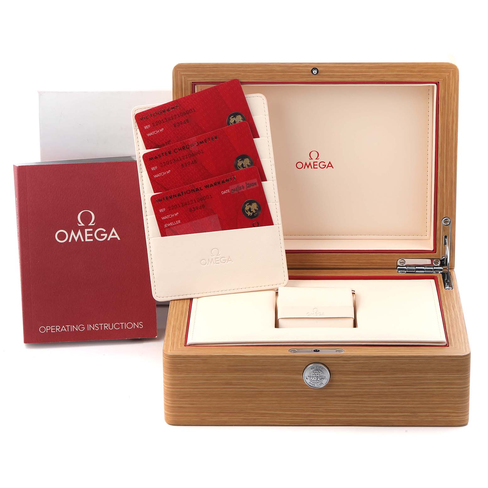 The Omega Aqua Terra 220.13.41.21.06.001 Men
s Stainless Steel Grey Dial 220.13.41.21.06.001 Men
s Stainless Steel Grey Dial accessories shown include a wooden watch box, warranty cards, and an operating instructions booklet.