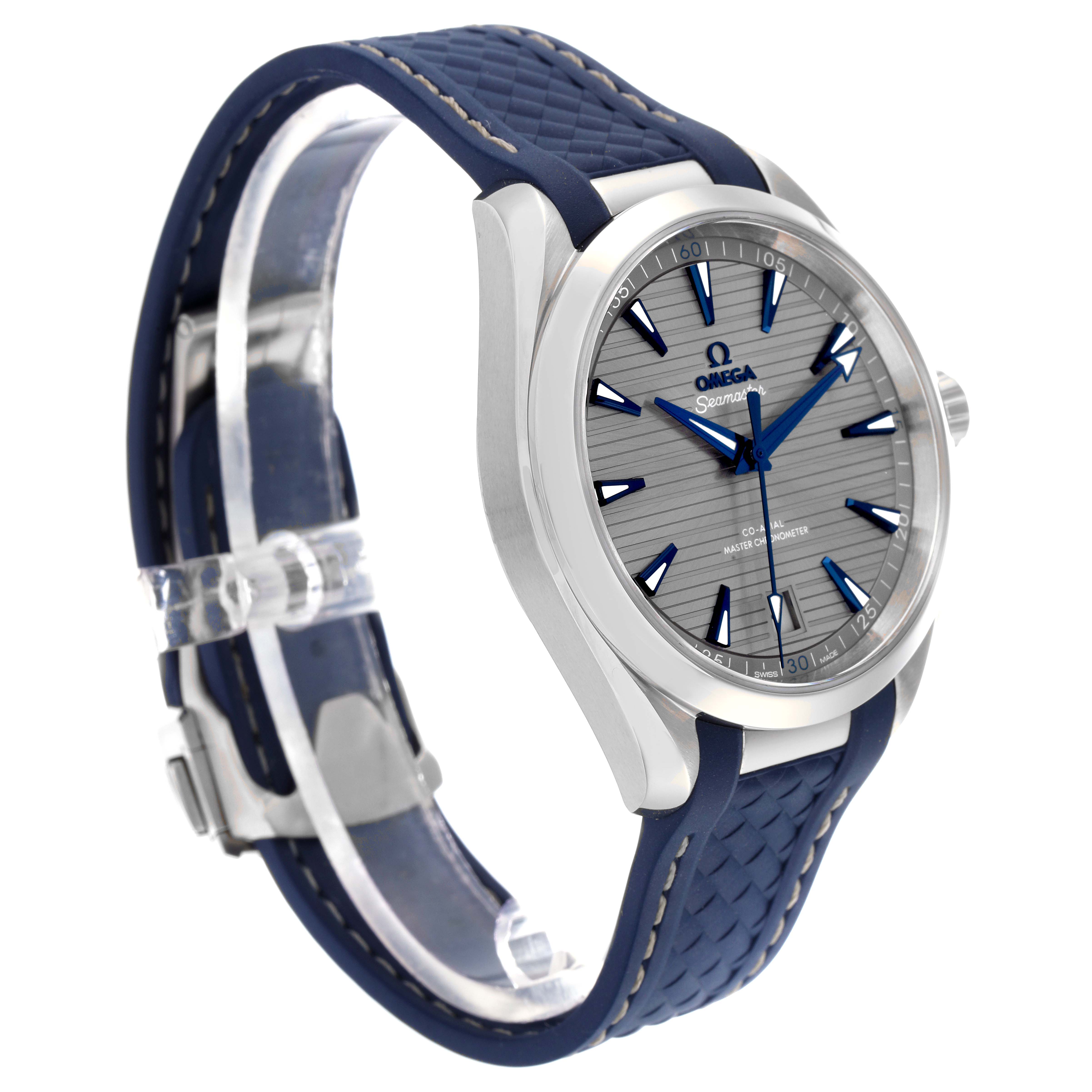 The Omega Aqua Terra 220.13.41.21.06.001 Men
s Stainless Steel Grey Dial 220.13.41.21.06.001 Men
s Stainless Steel Grey Dial watch is shown at a front-side angle, displaying the face, crown, and blue strap.
