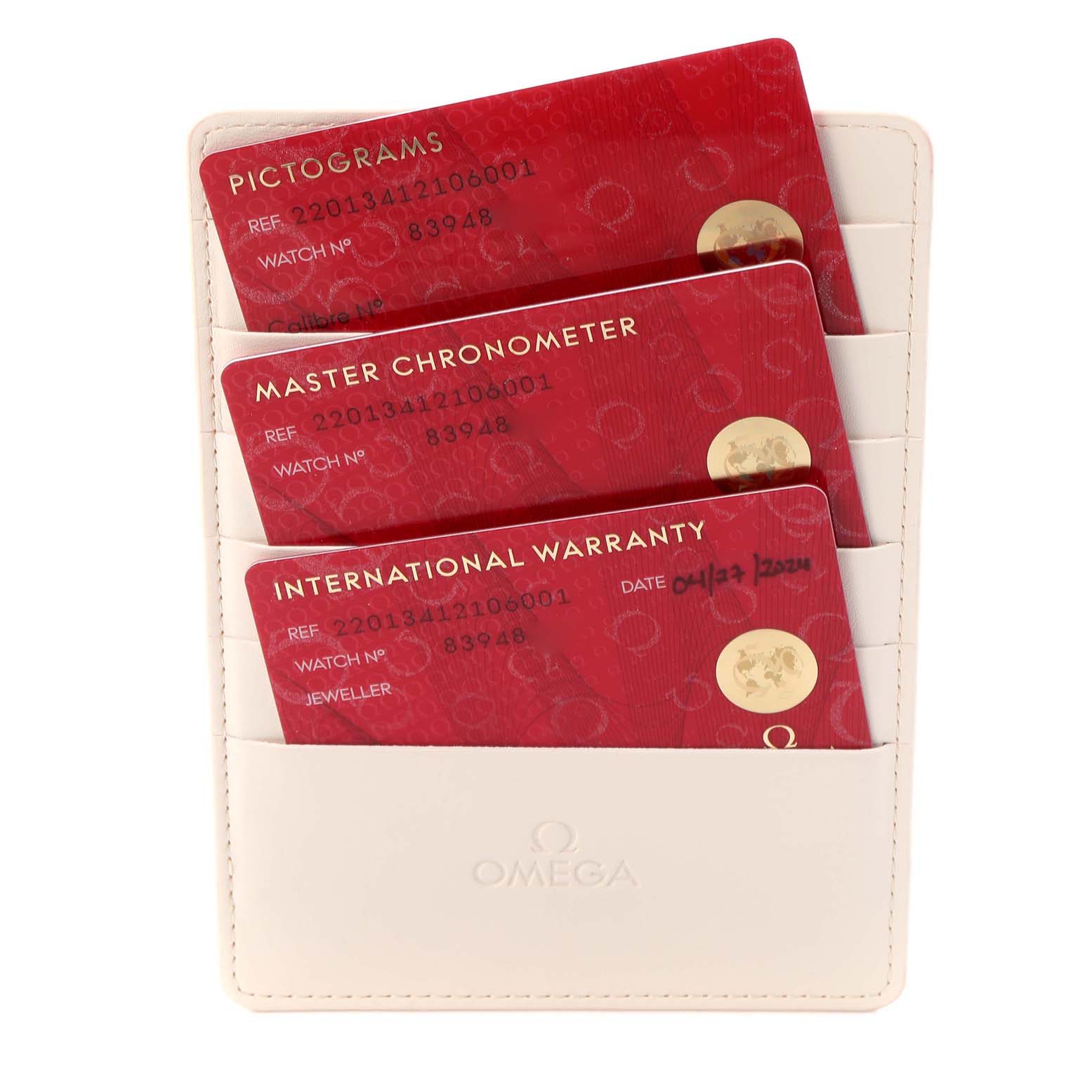 The image shows three Omega Aqua Terra 220.13.41.21.06.001 Men
s Stainless Steel Grey Dial 220.13.41.21.06.001 Men
s Stainless Steel Grey Dial model cards: Pictograms, Master Chronometer, and International Warranty, in a holder.