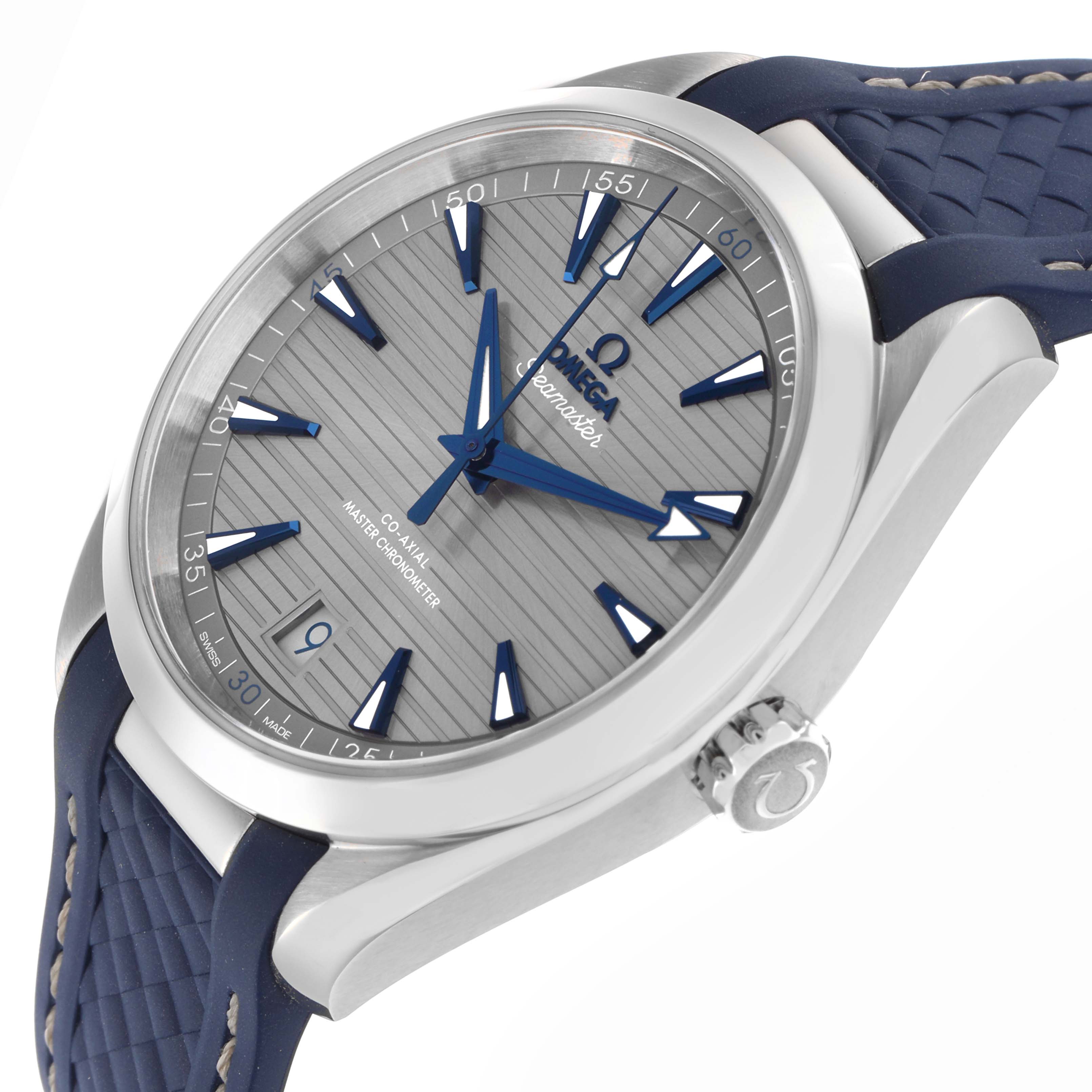 The Omega Aqua Terra 220.13.41.21.06.001 Men
s Stainless Steel Grey Dial 220.13.41.21.06.001 Men
s Stainless Steel Grey Dial watch is shown at a three-quarter angle, highlighting its face, bezel, and part of the strap.