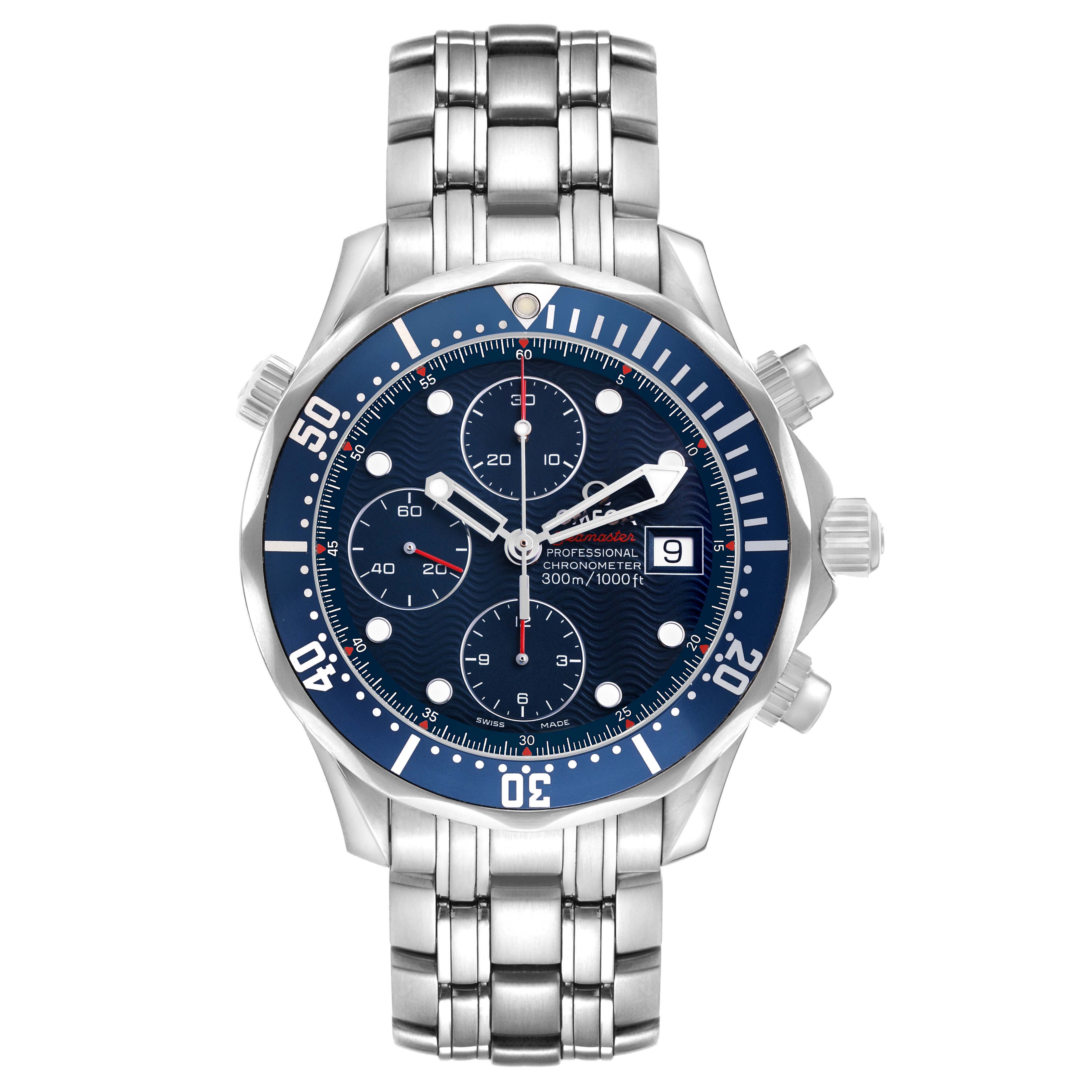 The Omega Seamaster 2225.80.00 Men's Stainless Steel Blue Dial watch is shown from a frontal angle, displaying the dial, bezel, and stainless steel bracelet.