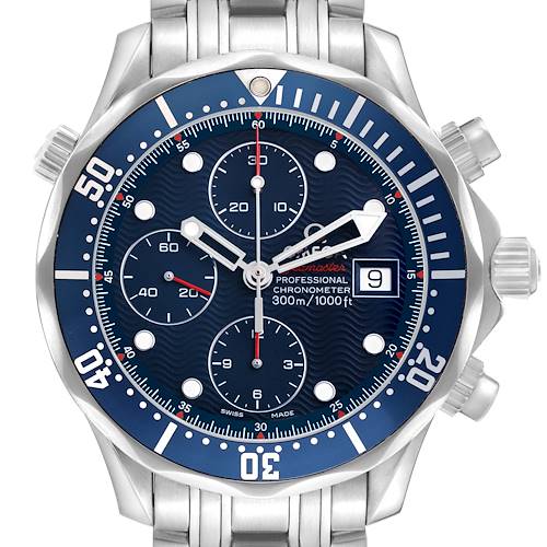 The Omega Seamaster 2225.80.00 Men's Stainless Steel Blue Dial model is shown from the front, highlighting the dial, bezel, subdials, date window, and part of the bracelet.