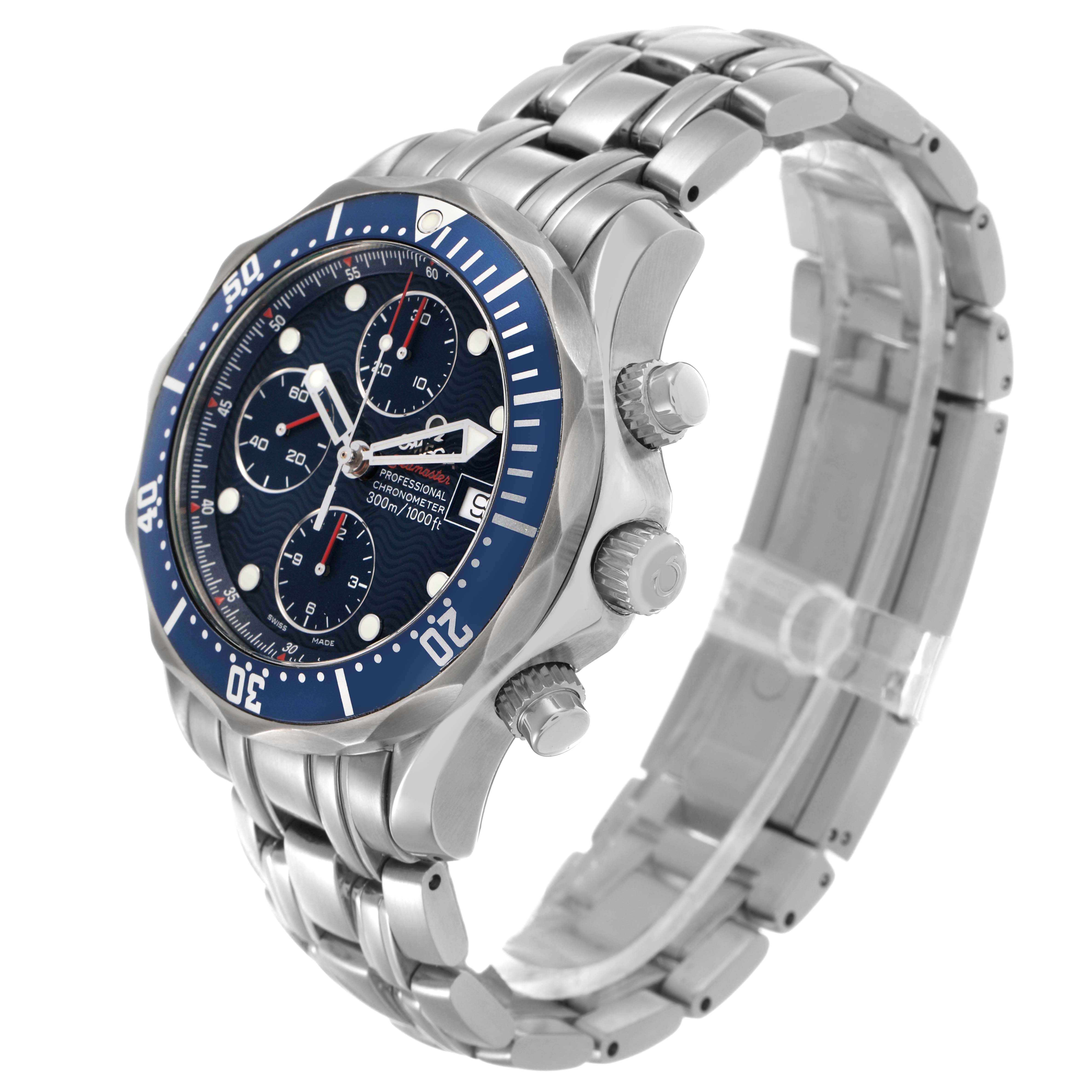 This Omega Seamaster 2225.80.00 Men's Stainless Steel Blue Dial watch is angled to show the face, bezel, crown, pushers, and metal bracelet.