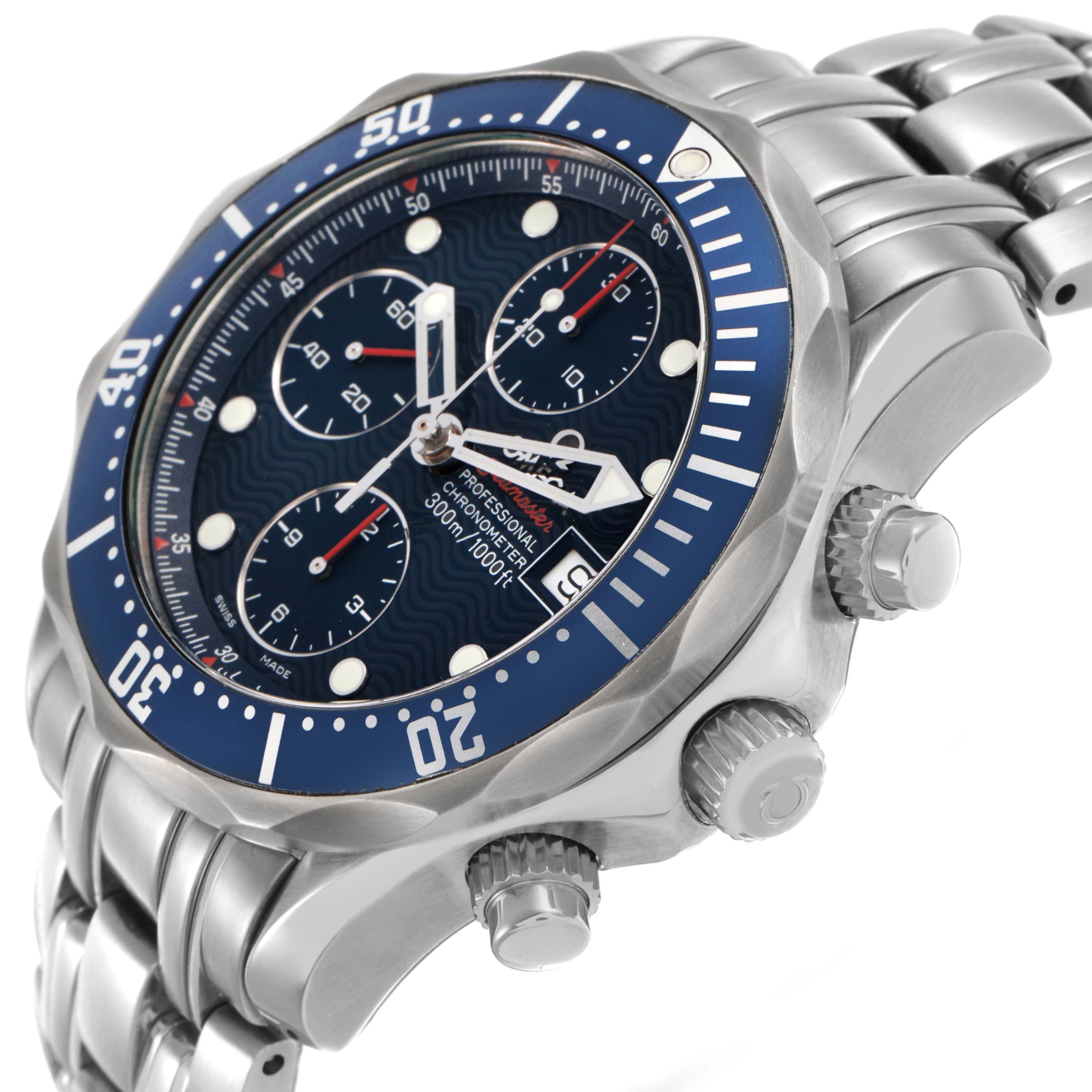The Omega Seamaster 2225.80.00 Men's Stainless Steel Blue Dial watch is shown at a side angle, highlighting the dial, bezel, crown, chronograph pushers, and metal bracelet.