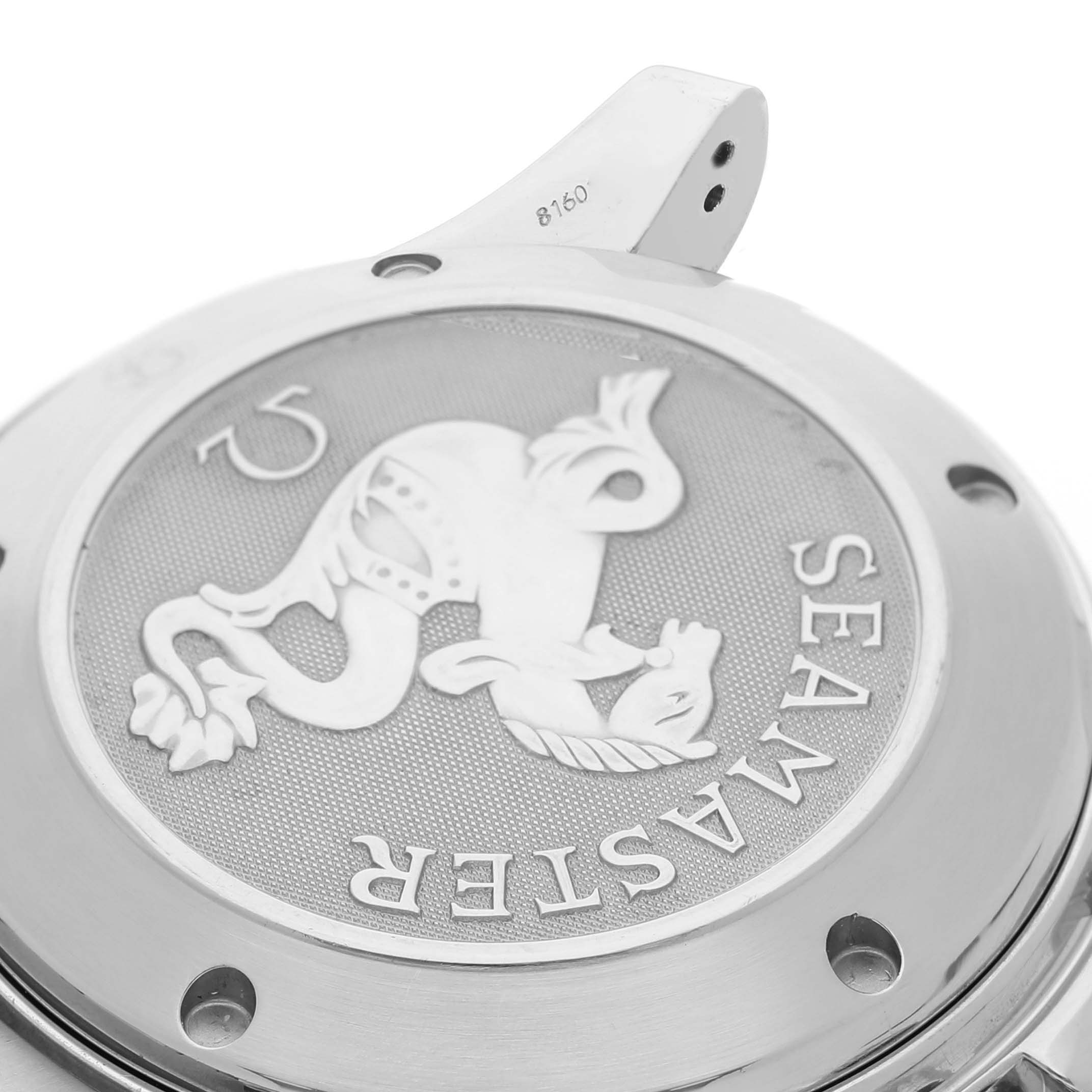 The image shows the case back of an Omega Seamaster 2225.80.00 Men's Stainless Steel Blue Dial watch, featuring the embossed emblem and engravings.