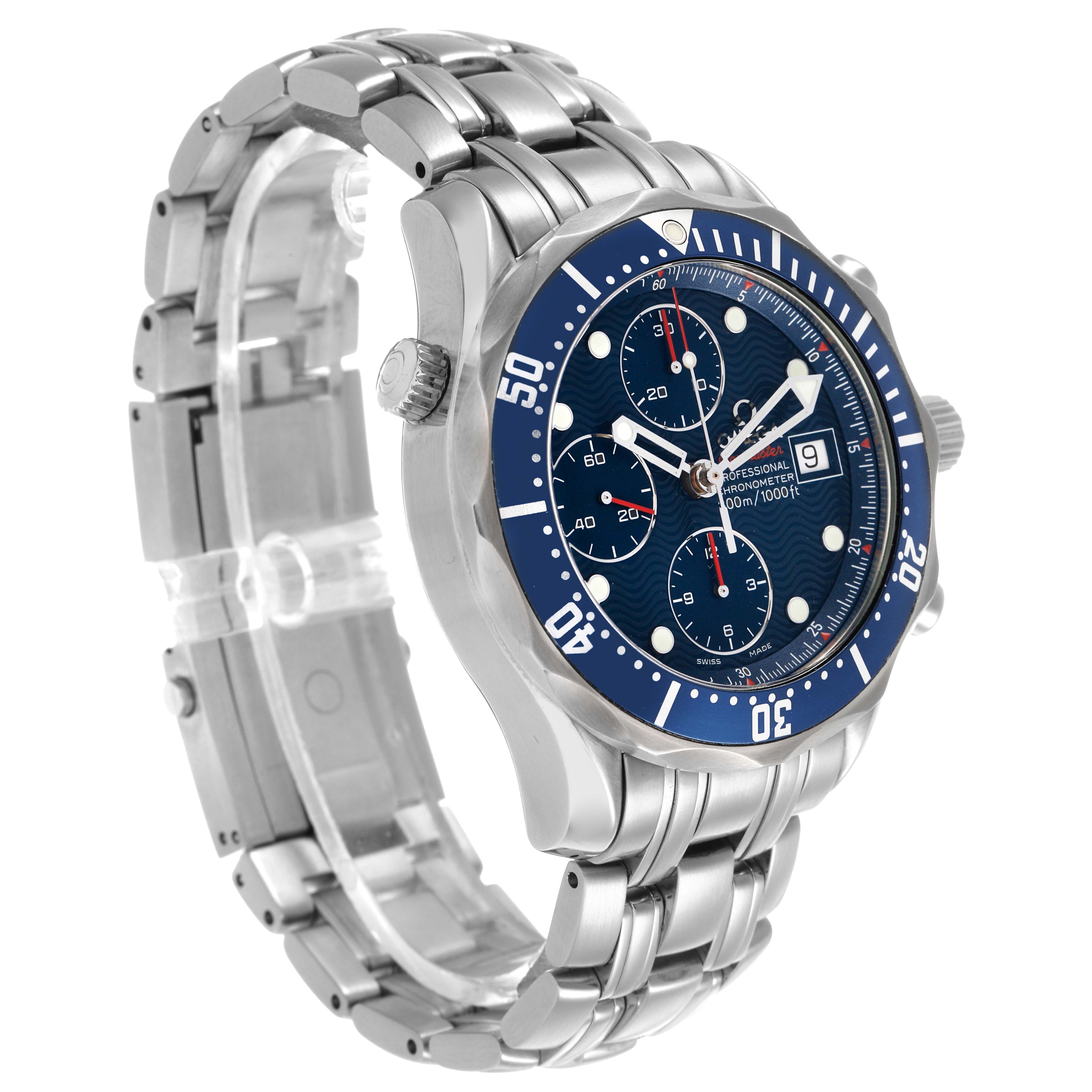 The Omega Seamaster 2225.80.00 Men's Stainless Steel Blue Dial watch is shown at a three-quarter angle, highlighting the face, bezel, and bracelet.