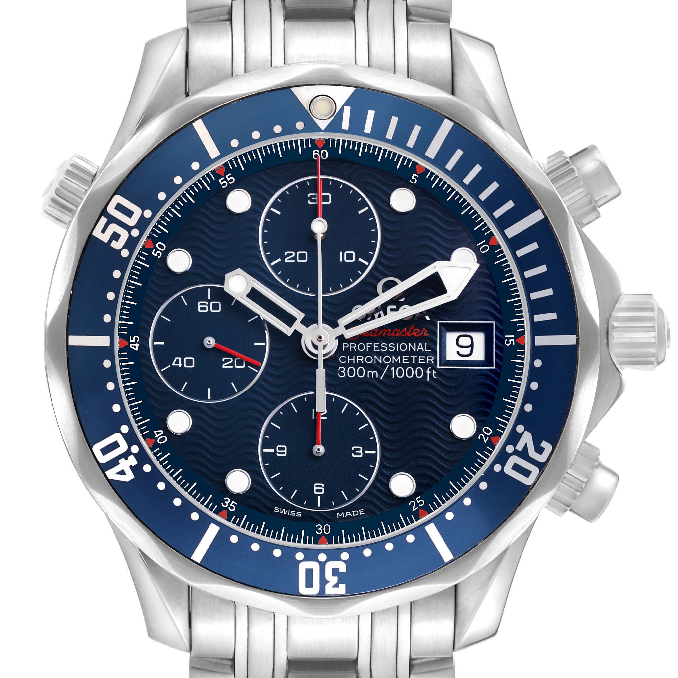 The image displays a frontal view of the Omega Seamaster 2225.80.00 Men's Stainless Steel Blue Dial watch, highlighting the blue dial and chronograph features.