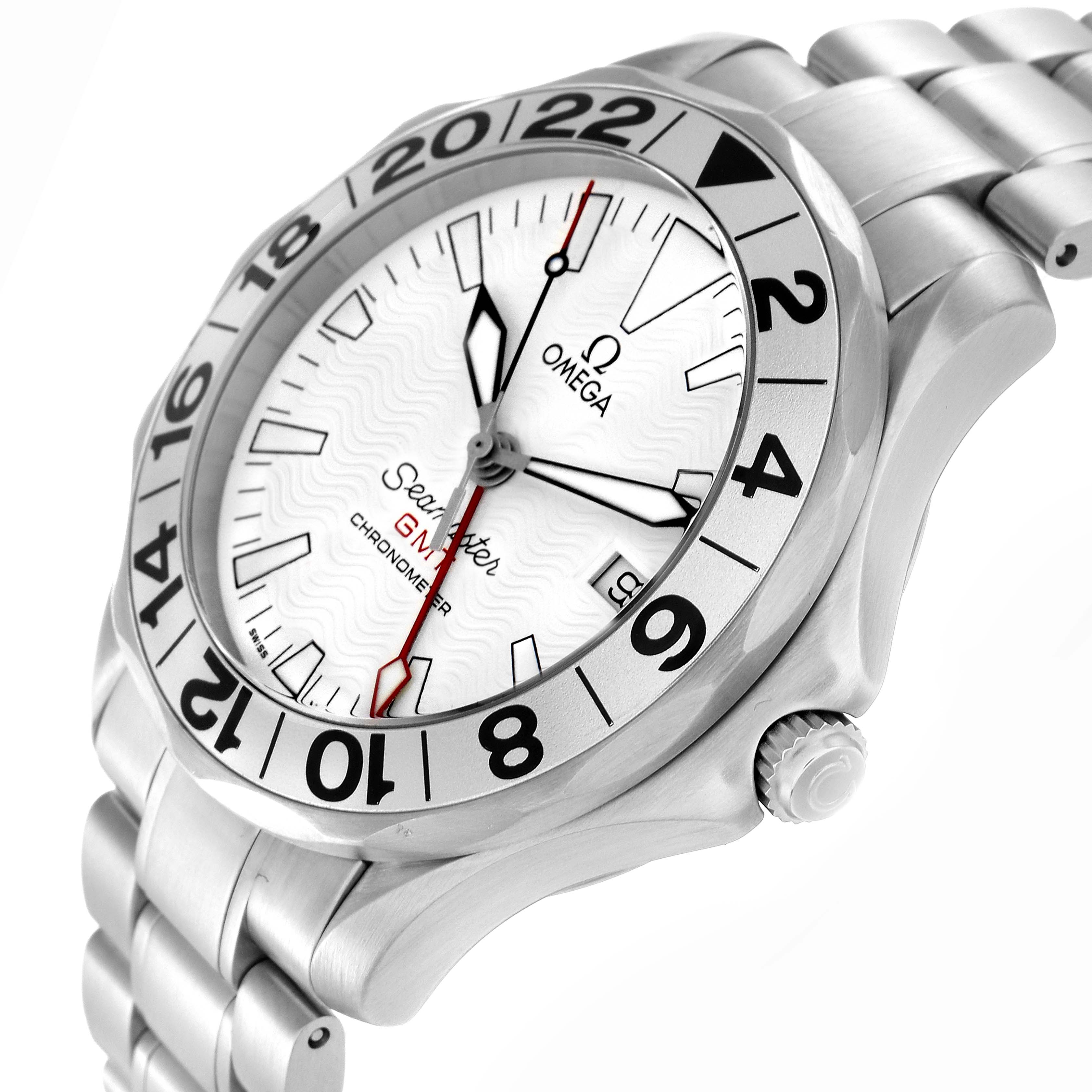 The Omega Seamaster 2538.20.00 Men
s Stainless Steel White Dial 2538.20.00 Men
s Stainless Steel White Dial watch is shown at a three-quarter angle, displaying the case, dial, bezel, crown, and part of the bracelet.