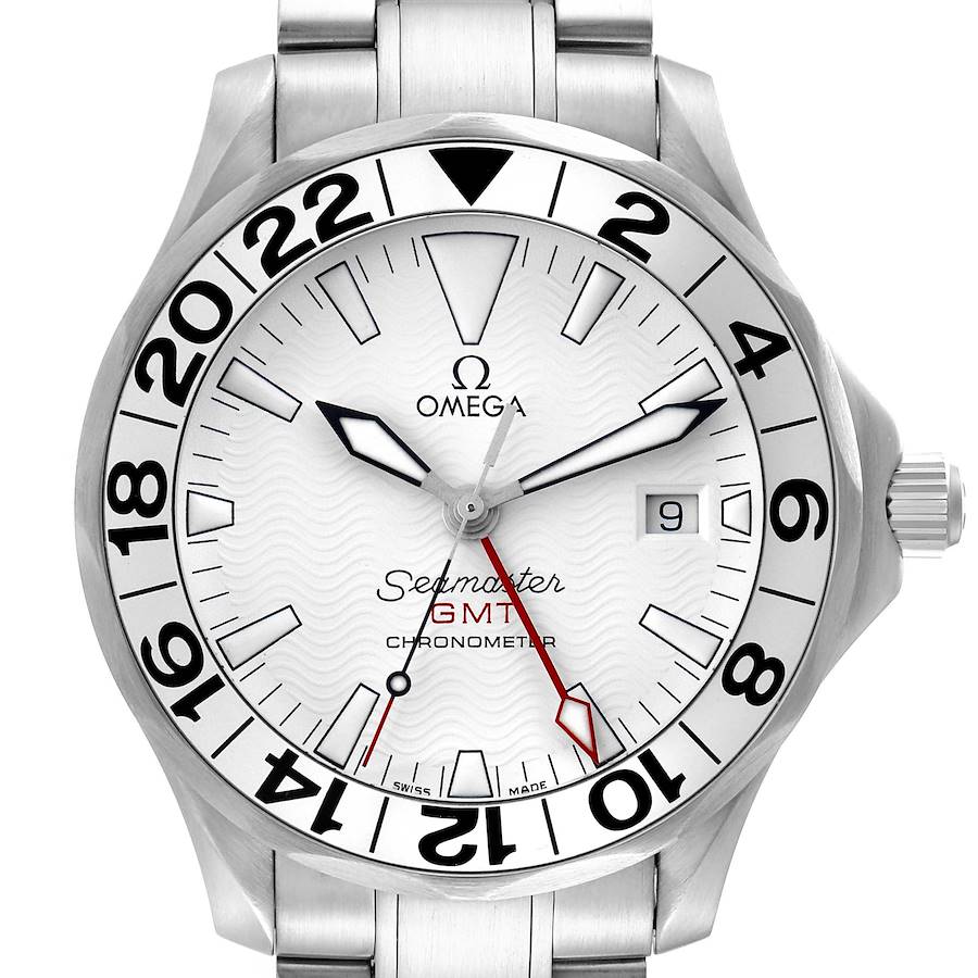 The Omega Seamaster watch is shown front-facing, displaying the bezel, dial, hands, and part of the bracelet.