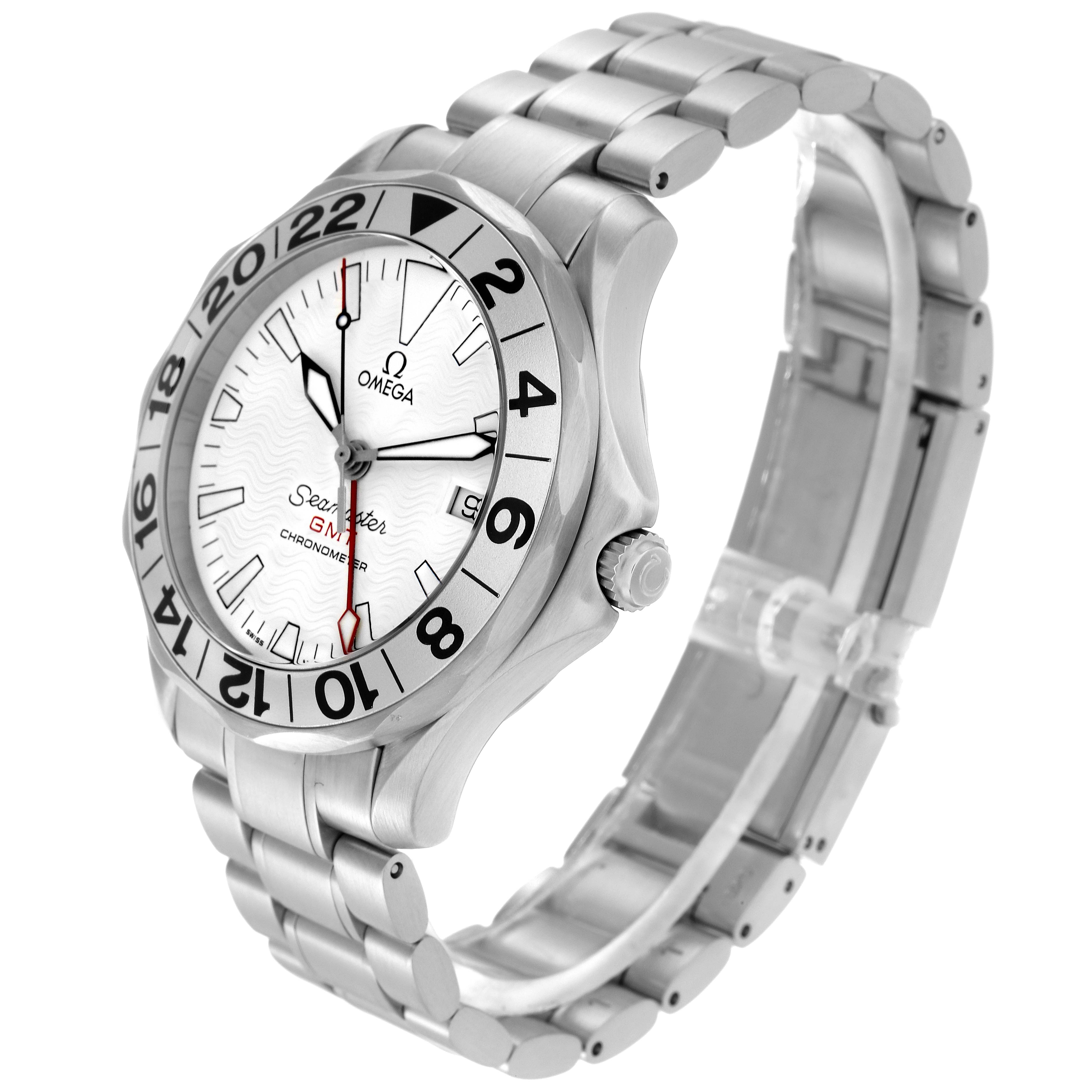 The Omega Seamaster 2538.20.00 Men
s Stainless Steel White Dial 2538.20.00 Men
s Stainless Steel White Dial watch is shown at a three-quarter angle, highlighting the dial, bezel, case, and bracelet.