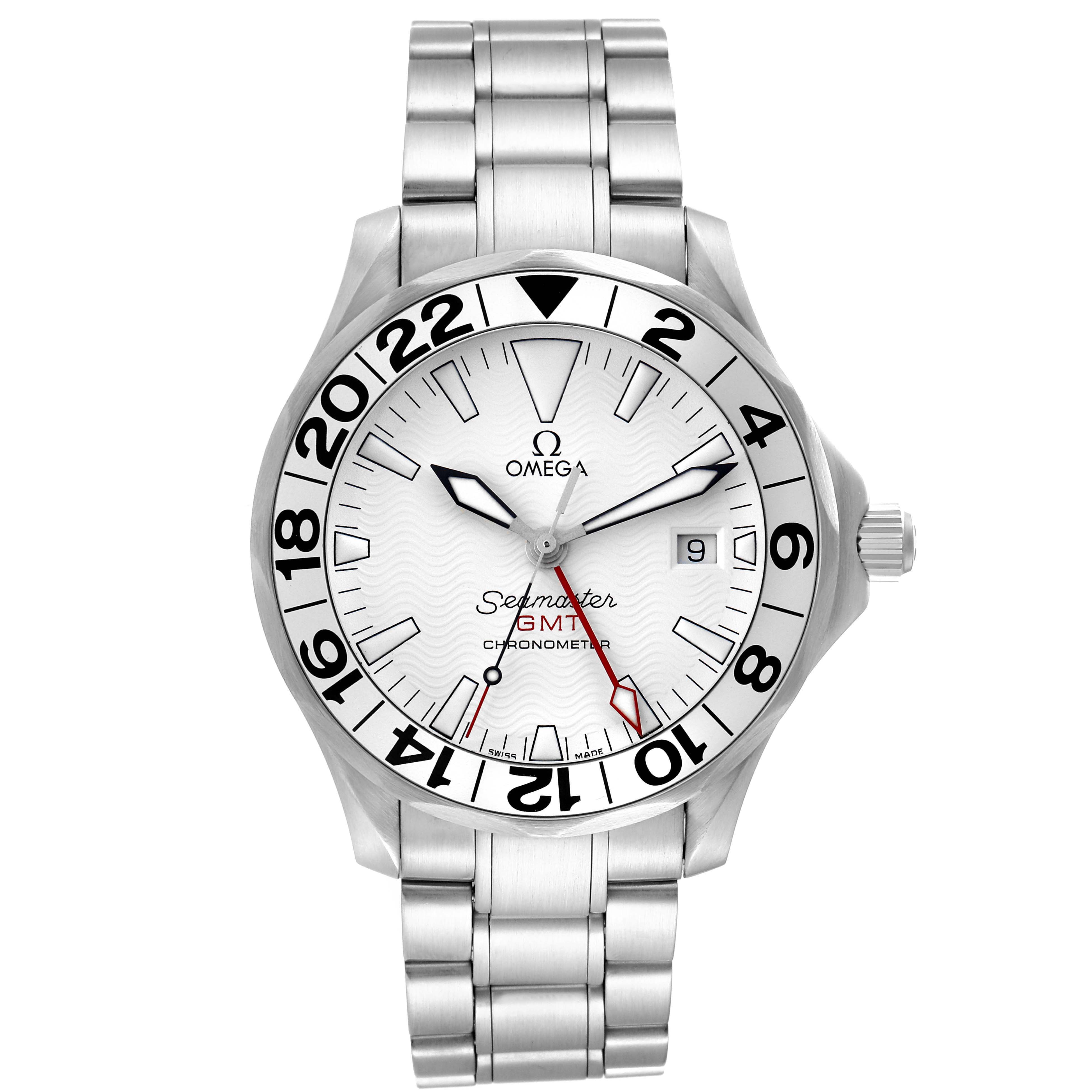 The Omega Seamaster 2538.20.00 Men
s Stainless Steel White Dial 2538.20.00 Men
s Stainless Steel White Dial watch is shown from a front angle, displaying its face, bezel, crown, and part of the bracelet.