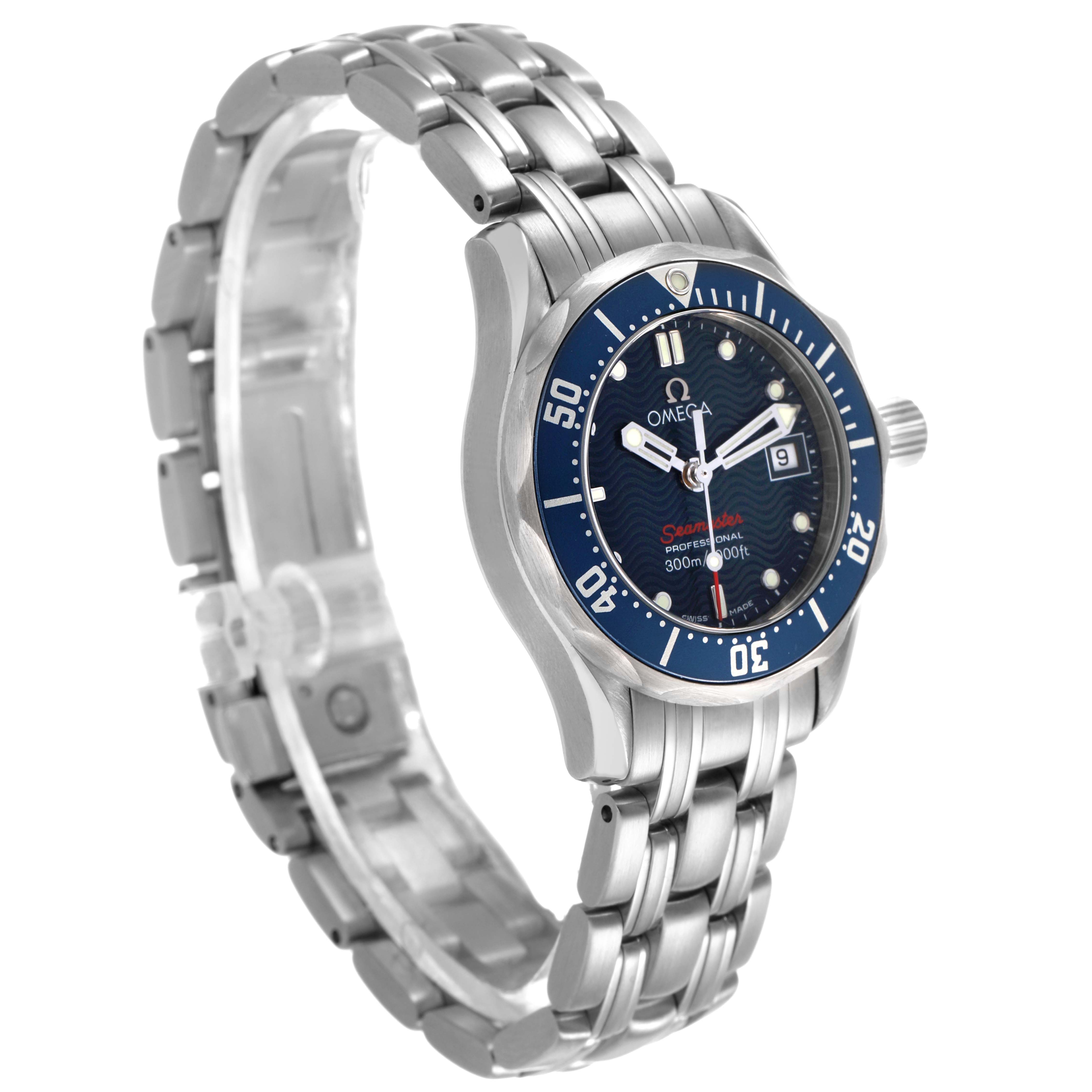 The Omega 2224.80.00 Women's Stainless Steel Blue Dial Seamaster Diver 300M Steel Blue Dial Ladies Watch is shown at a side angle, highlighting the dial, bracelet, and bezel.