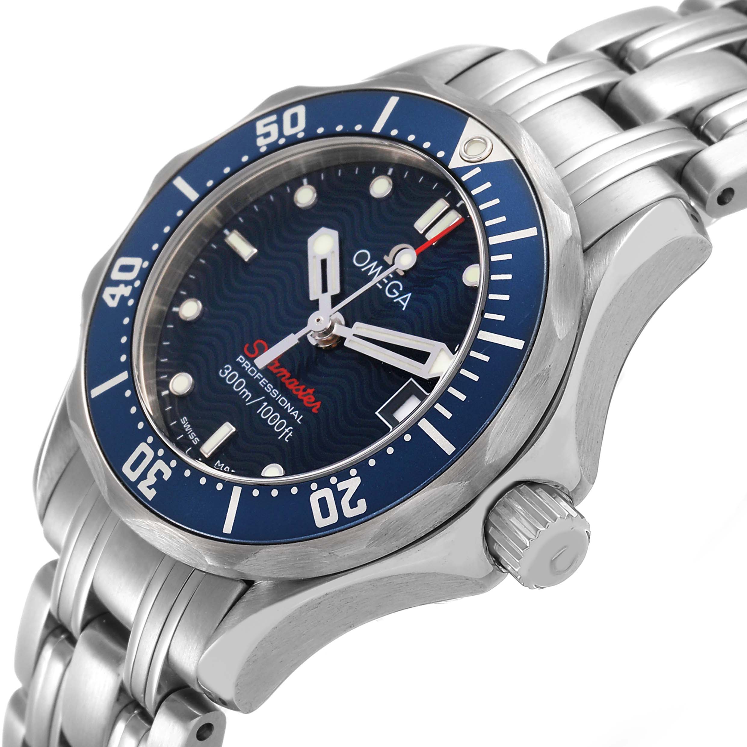 The Omega 2224.80.00 Women's Stainless Steel Blue Dial Seamaster Diver 300M showcases a side angle displaying its blue dial, bezel, crown, and stainless steel bracelet.