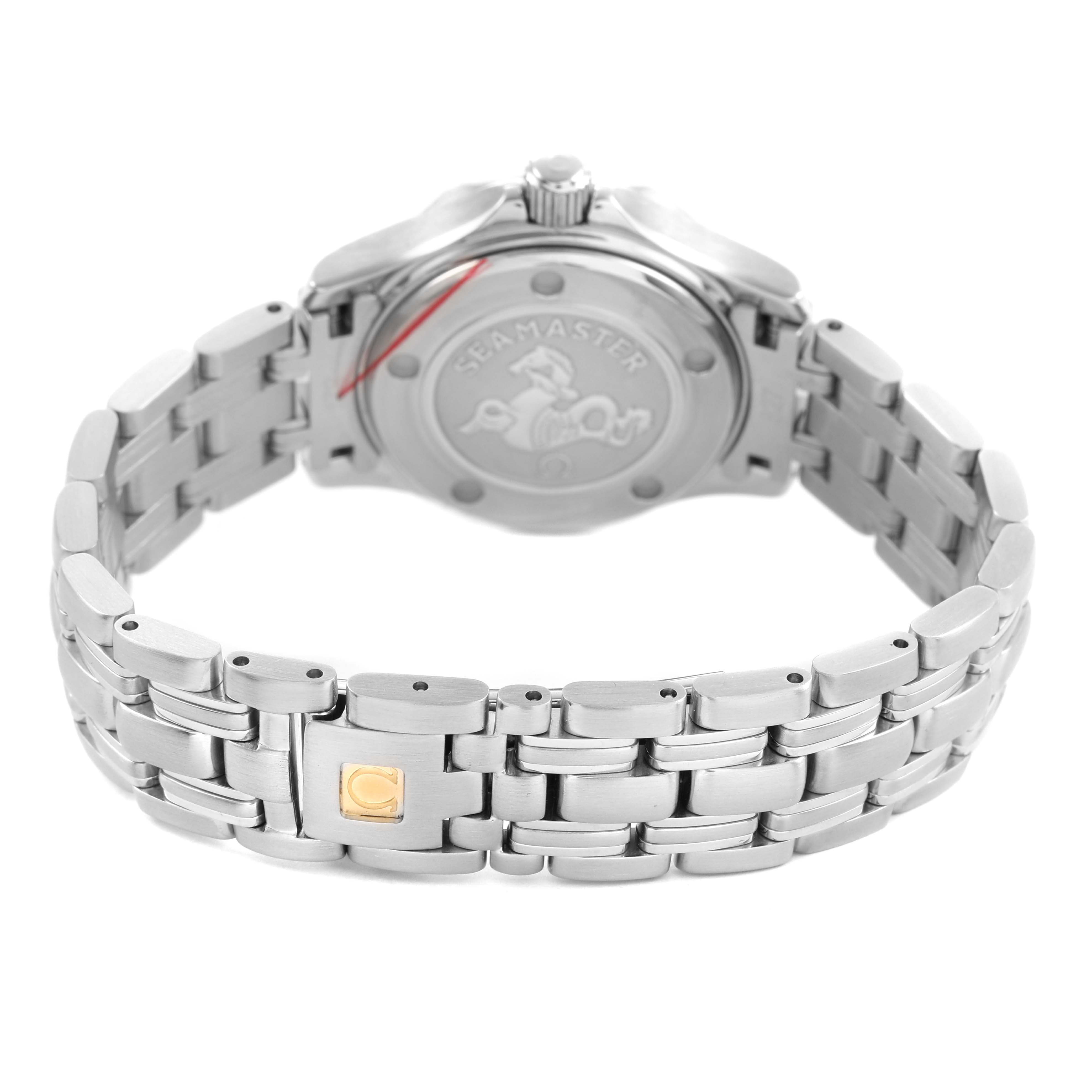 The image shows the back and bracelet of the Omega 2224.80.00 Women's Stainless Steel Blue Dial Seamaster Diver 300M Ladies Watch 2224.80.00, highlighting the clasp and case back.