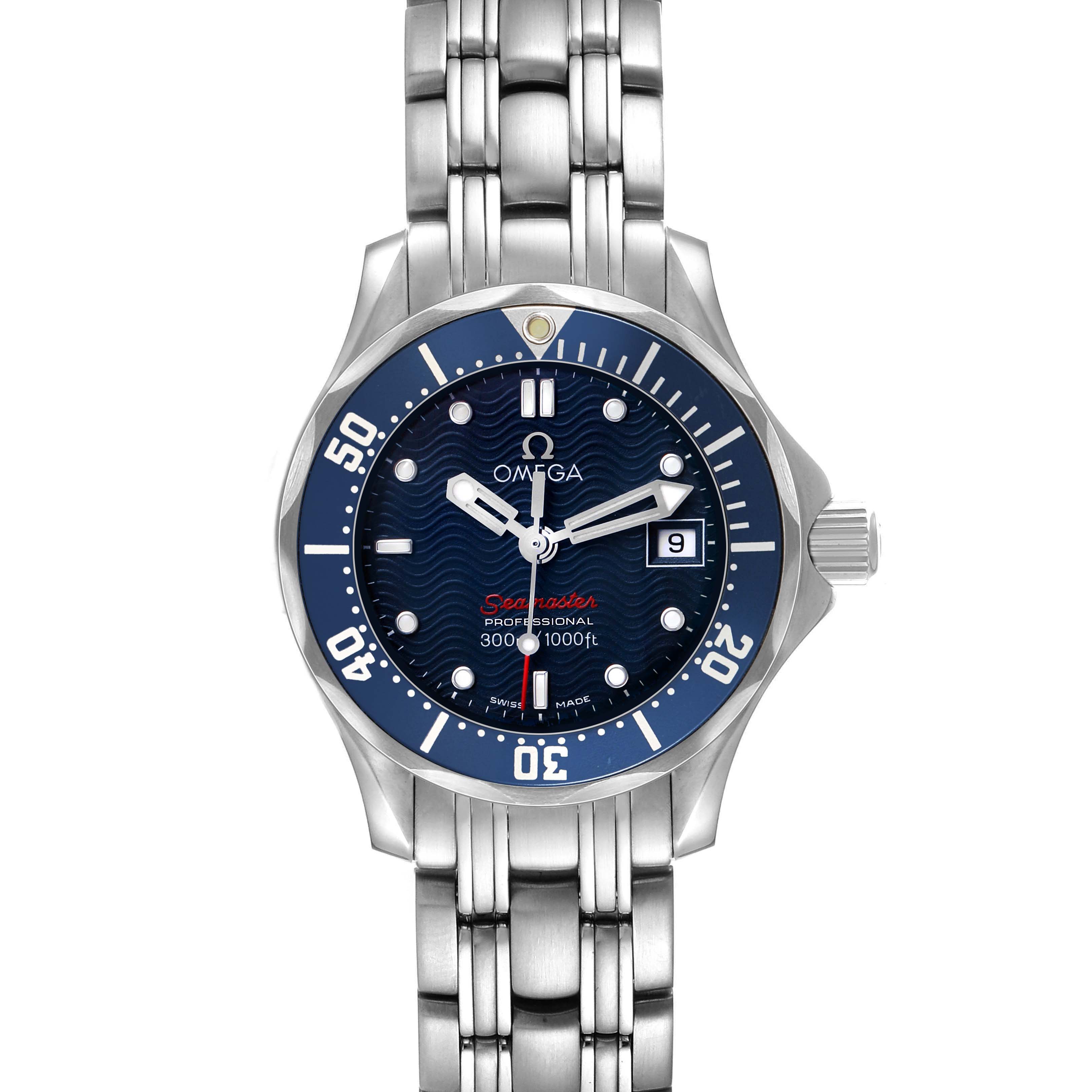 The Omega 2224.80.00 Women's Stainless Steel Blue Dial Seamaster Diver 300M Steel Blue Dial Ladies Watch is shown from a front angle, highlighting the dial, bezel, and bracelet.
