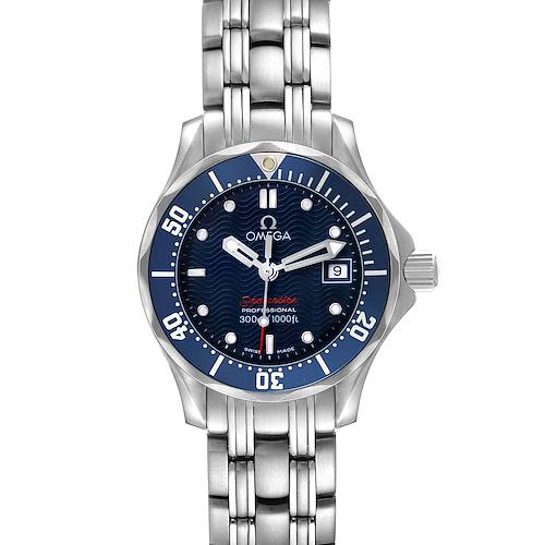 The Omega 2224.80.00 Women's Stainless Steel Blue Dial Seamaster Diver 300M Steel Blue Dial Ladies Watch is shown from the front, displaying its blue dial, bezel, case, and stainless steel bracelet.