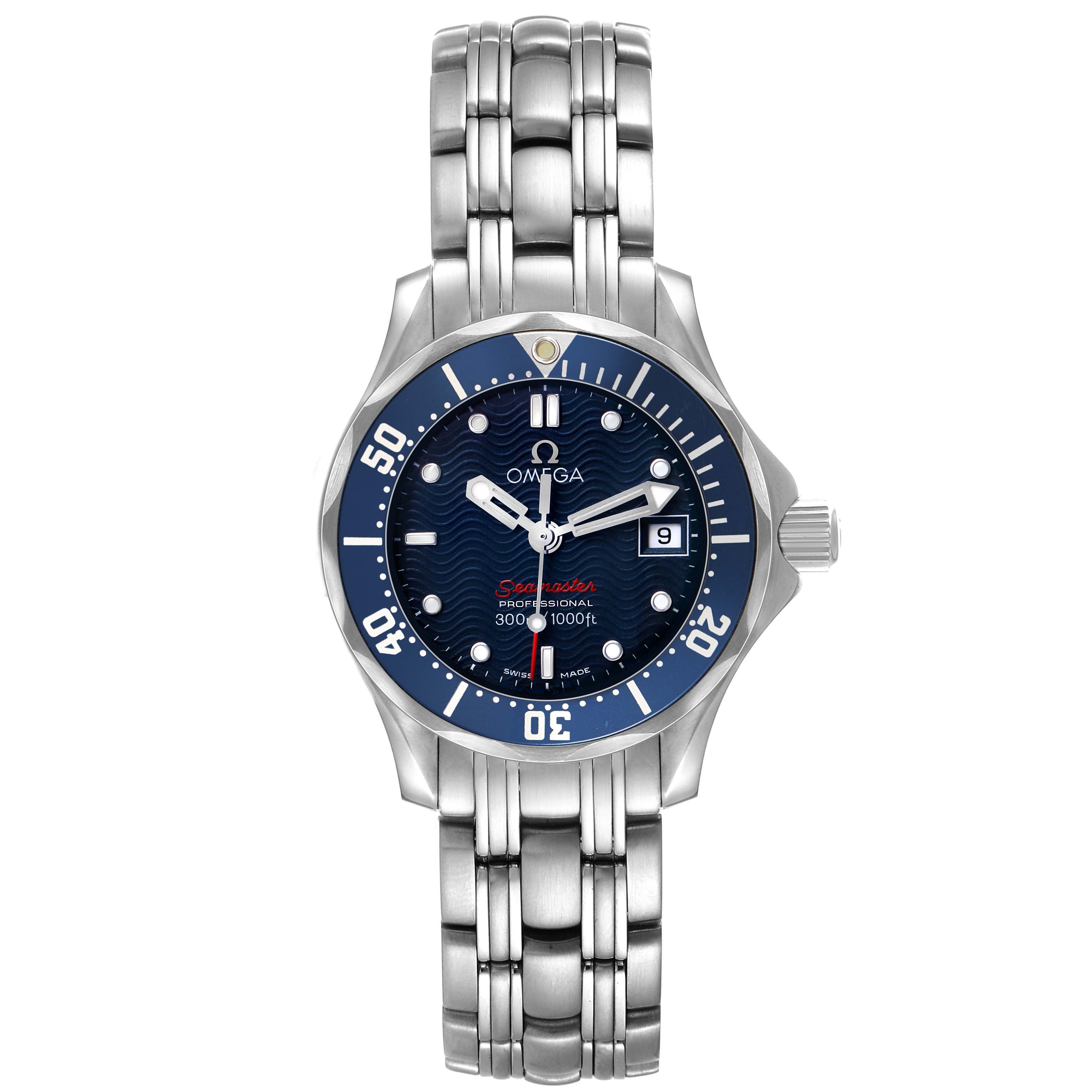 The Omega 2224.80.00 Women's Stainless Steel Blue Dial Seamaster Diver 300M Steel Blue Dial Ladies Watch is shown from a front angle, highlighting the dial, bezel, and bracelet.