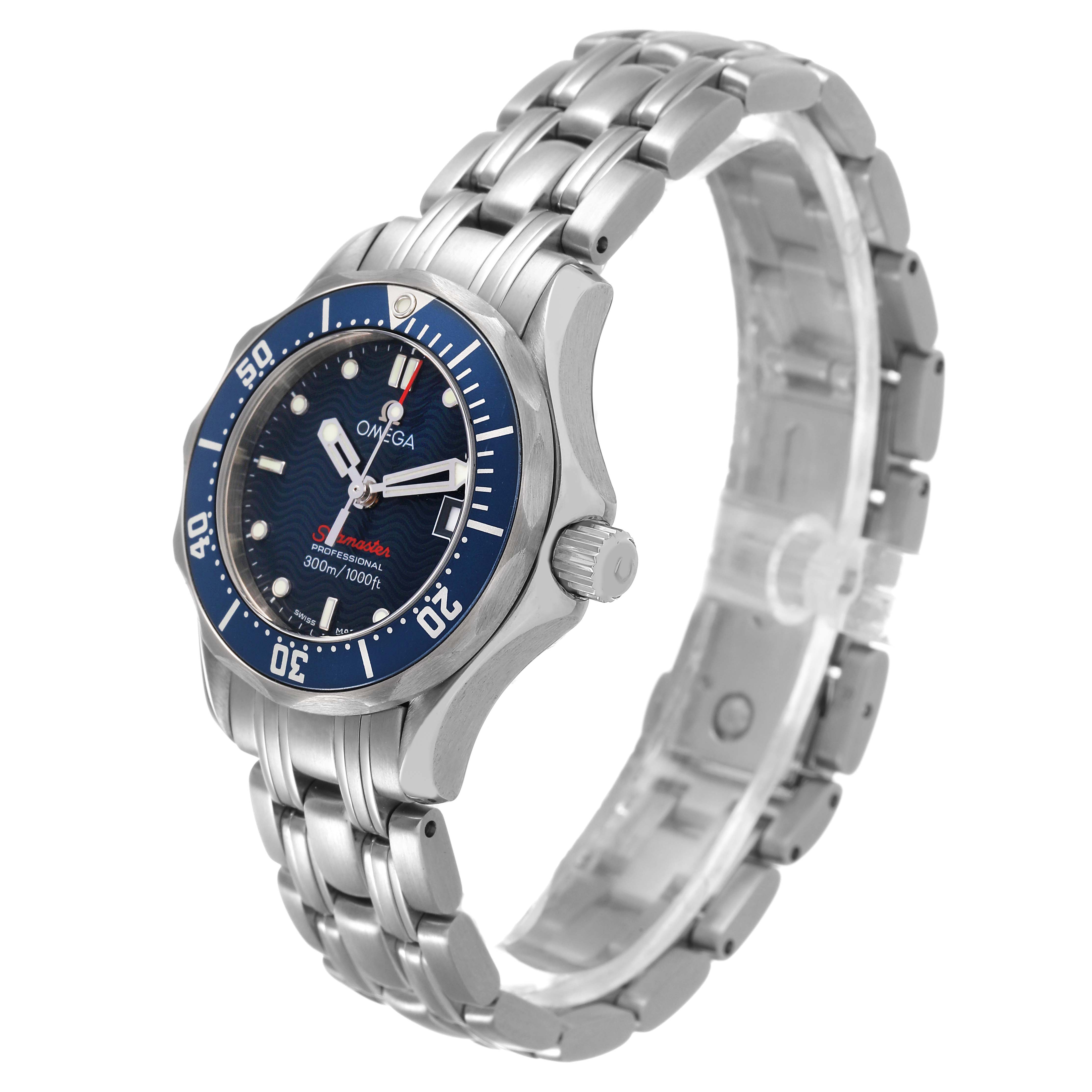 The Omega 2224.80.00 Women's Stainless Steel Blue Dial Seamaster Diver 300M is shown at a three-quarter angle, highlighting the blue dial, bezel, and stainless steel bracelet.
