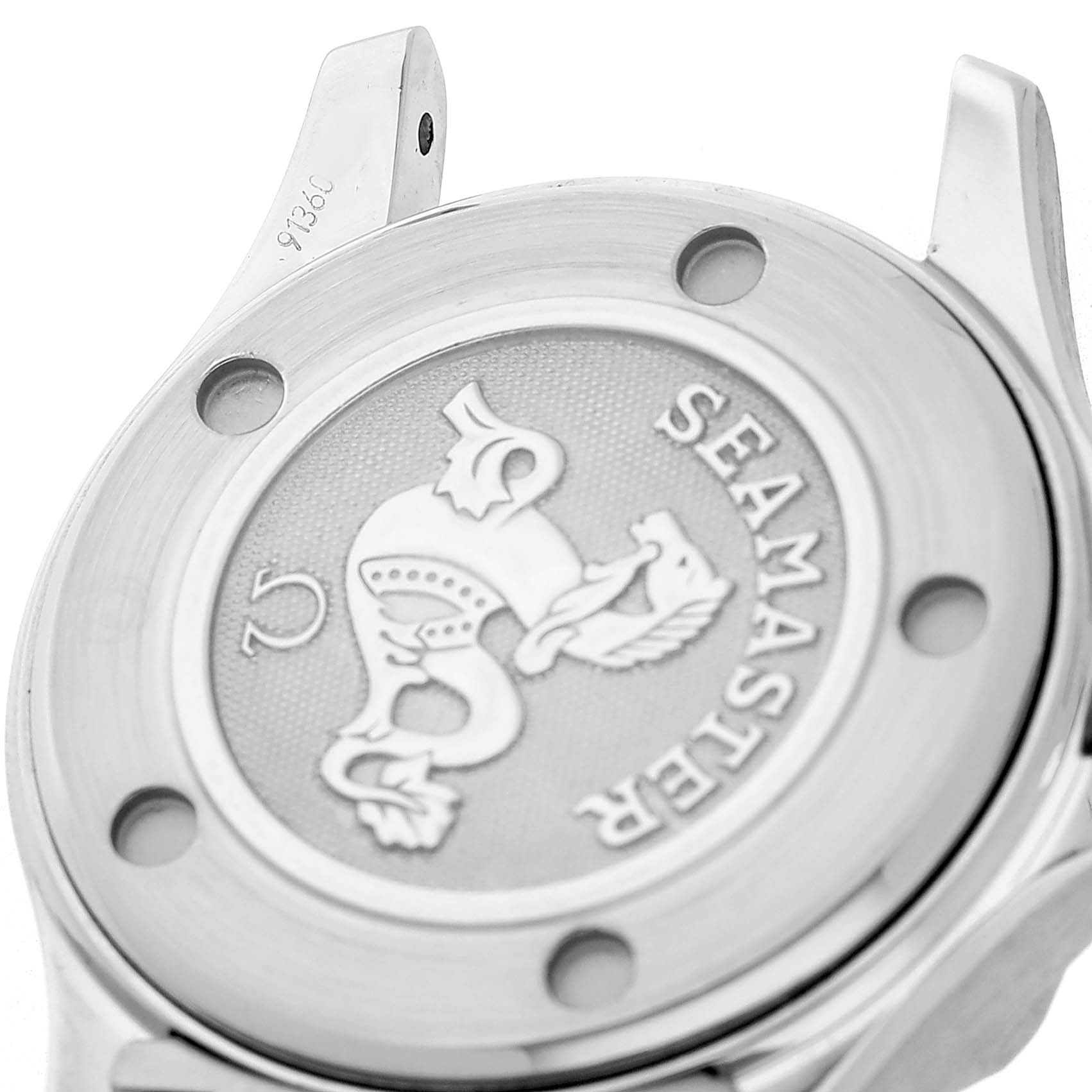The image shows the case back of the Omega 2224.80.00 Women's Stainless Steel Blue Dial Seamaster Diver 300M Steel Blue Dial Ladies Watch 2224.80.00, highlighting the emblem and fastening holes.