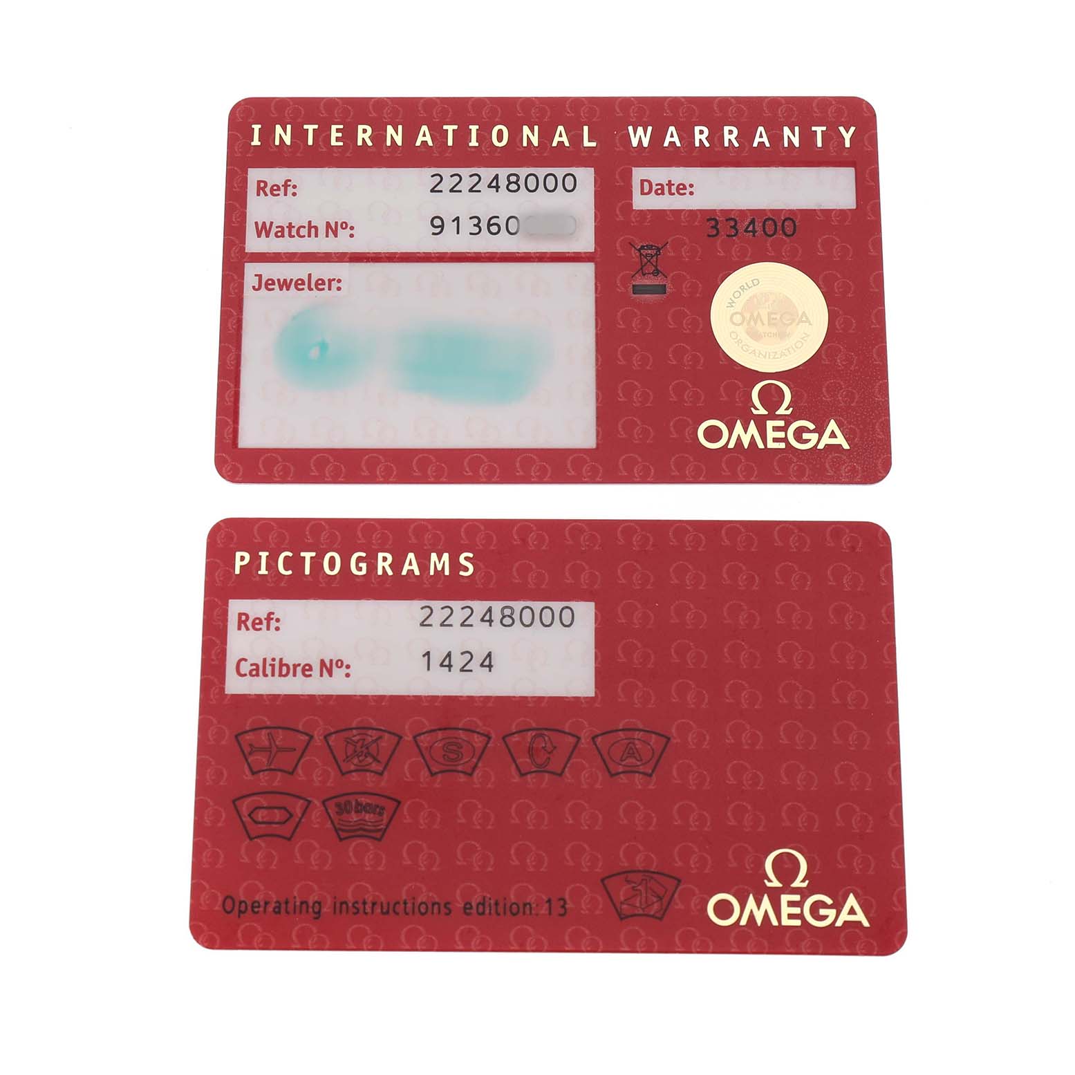 The image shows the warranty and pictogram cards for the Omega 2224.80.00 Women's Stainless Steel Blue Dial Seamaster Diver 300M Steel Blue Dial Ladies Watch, model 2224.80.00.