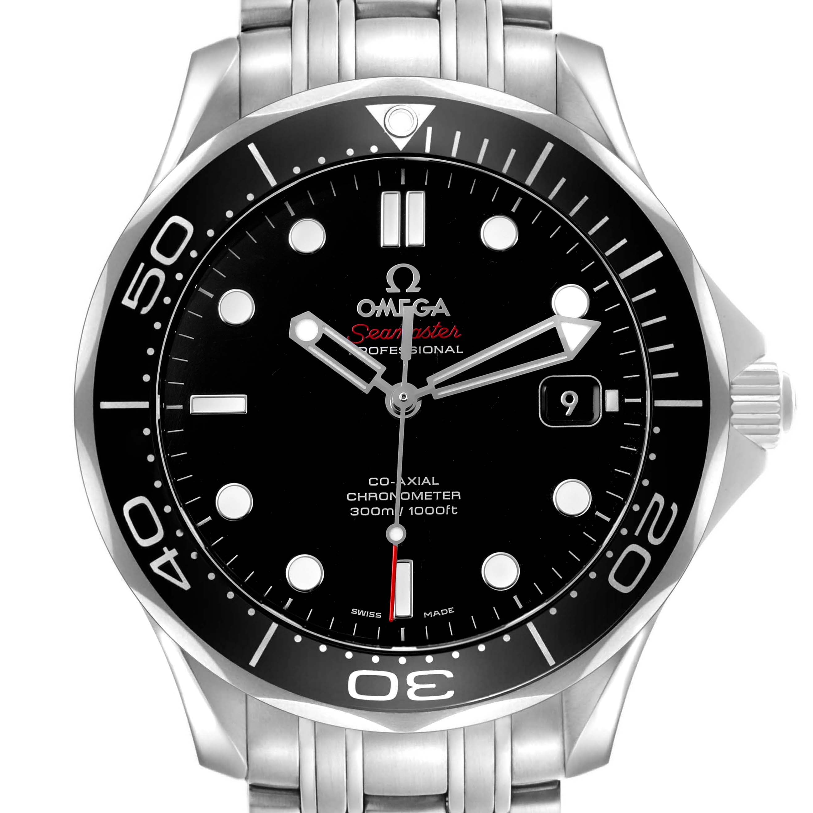 The Omega Seamaster 212.30.41.20.01.003 Men's Stainless Steel Black Dial watch is shown from a front angle, highlighting its black dial, bezel, and silver bracelet.