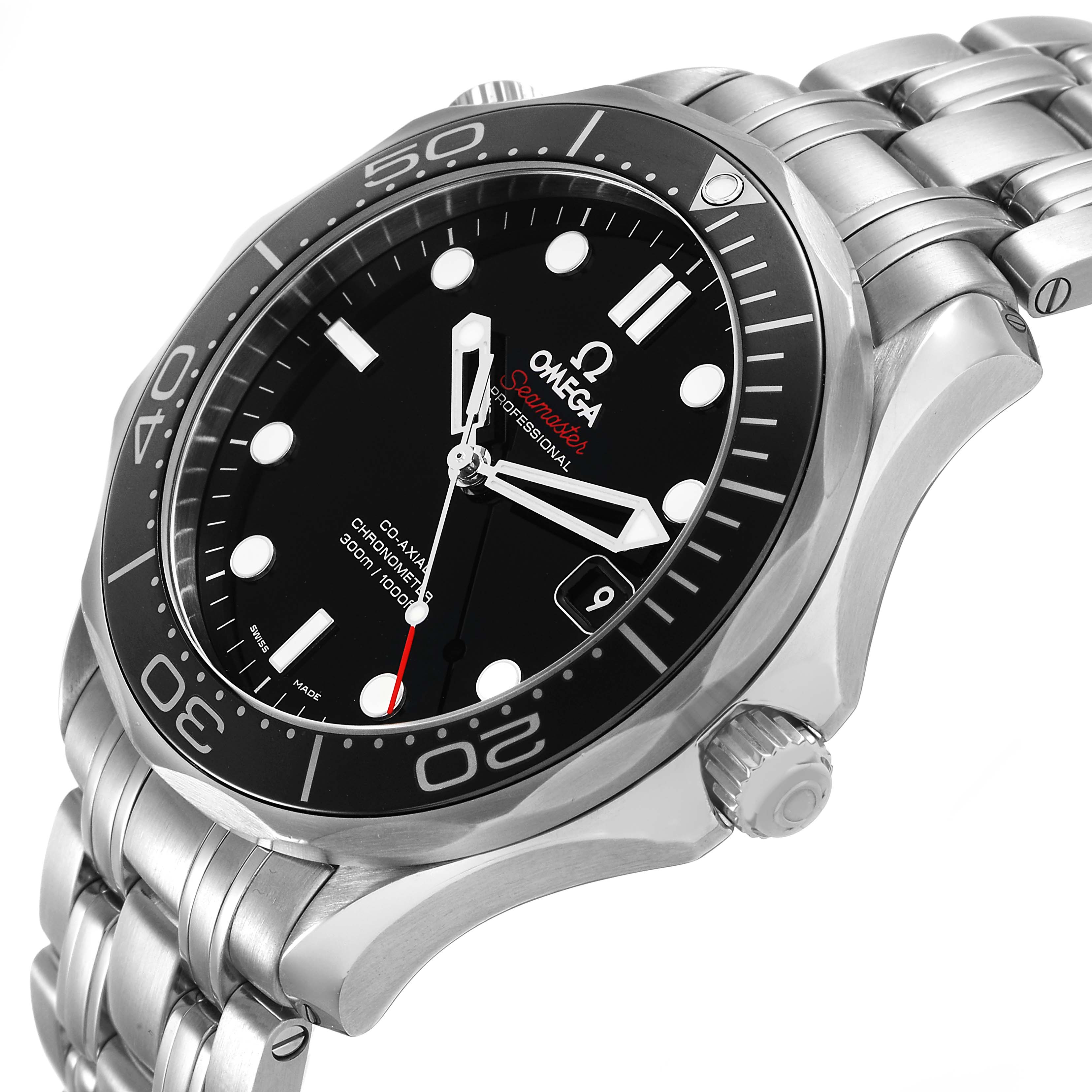 The Omega Seamaster 212.30.41.20.01.003 Men's Stainless Steel Black Dial watch is shown at an angled side view, highlighting the bracelet, bezel, crown, and face details.
