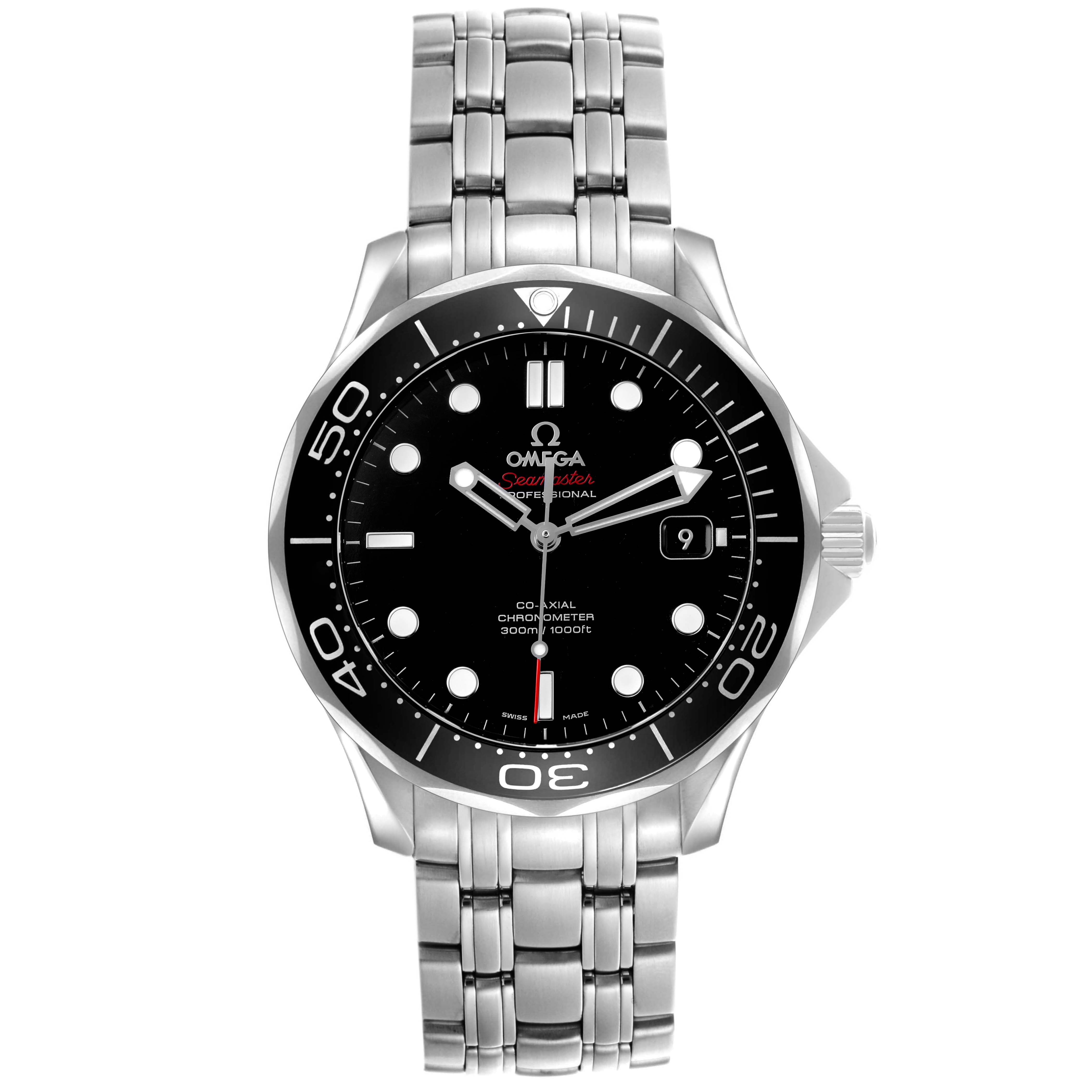 The Omega Seamaster 212.30.41.20.01.003 Men's Stainless Steel Black Dial watch is shown from the front, highlighting its black dial, bezel, bracelet, and crown.