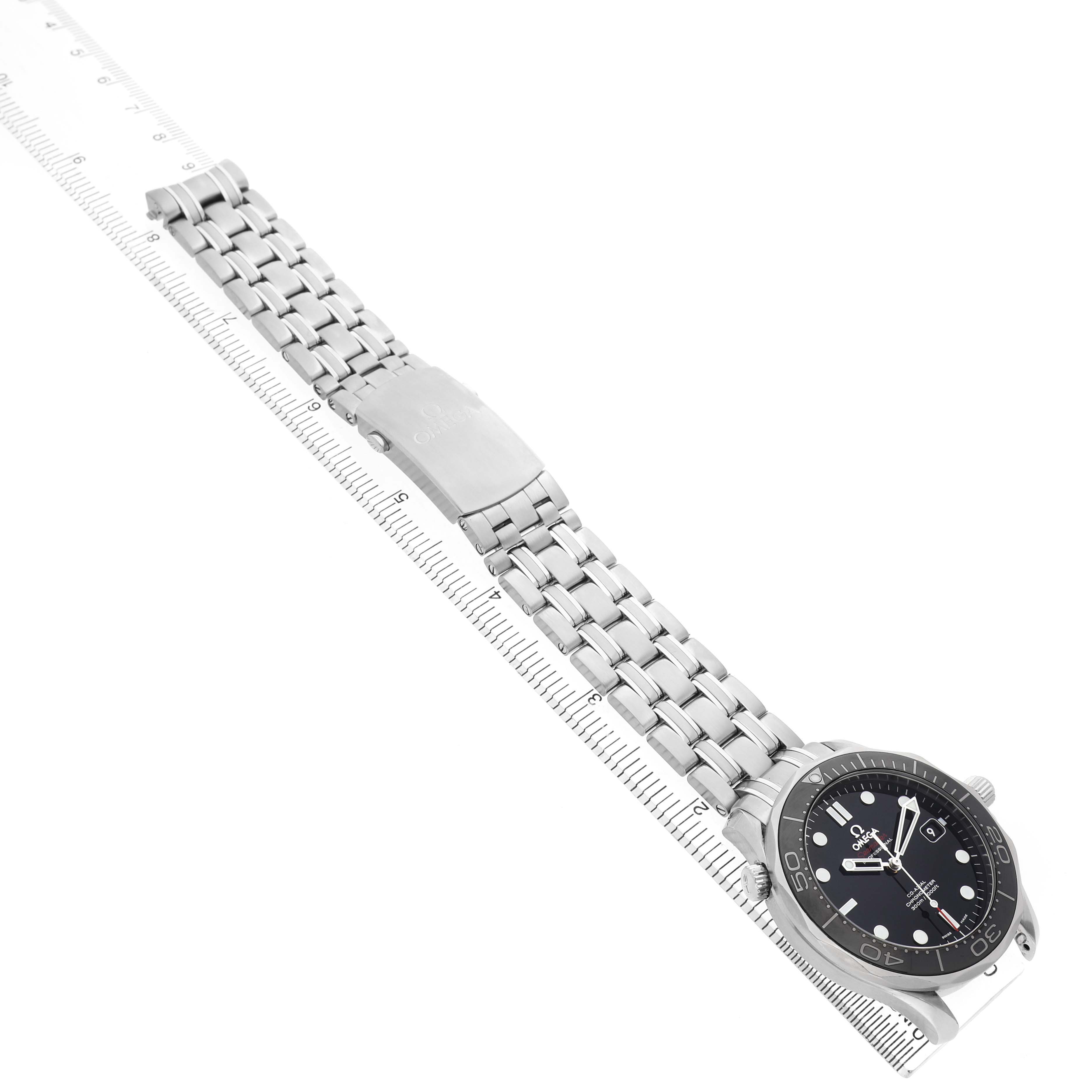 The Omega Seamaster 212.30.41.20.01.003 Men's Stainless Steel Black Dial watch is shown from an angled top view, highlighting the face, bezel, and metal bracelet with clasp.