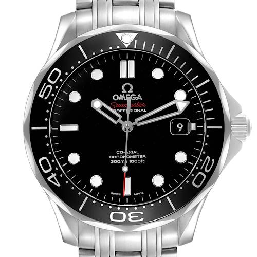 The Omega Seamaster 212.30.41.20.01.003 Men's Stainless Steel Black Dial watch is shown from the front, displaying the face, bezel, hands, date, and part of the bracelet.