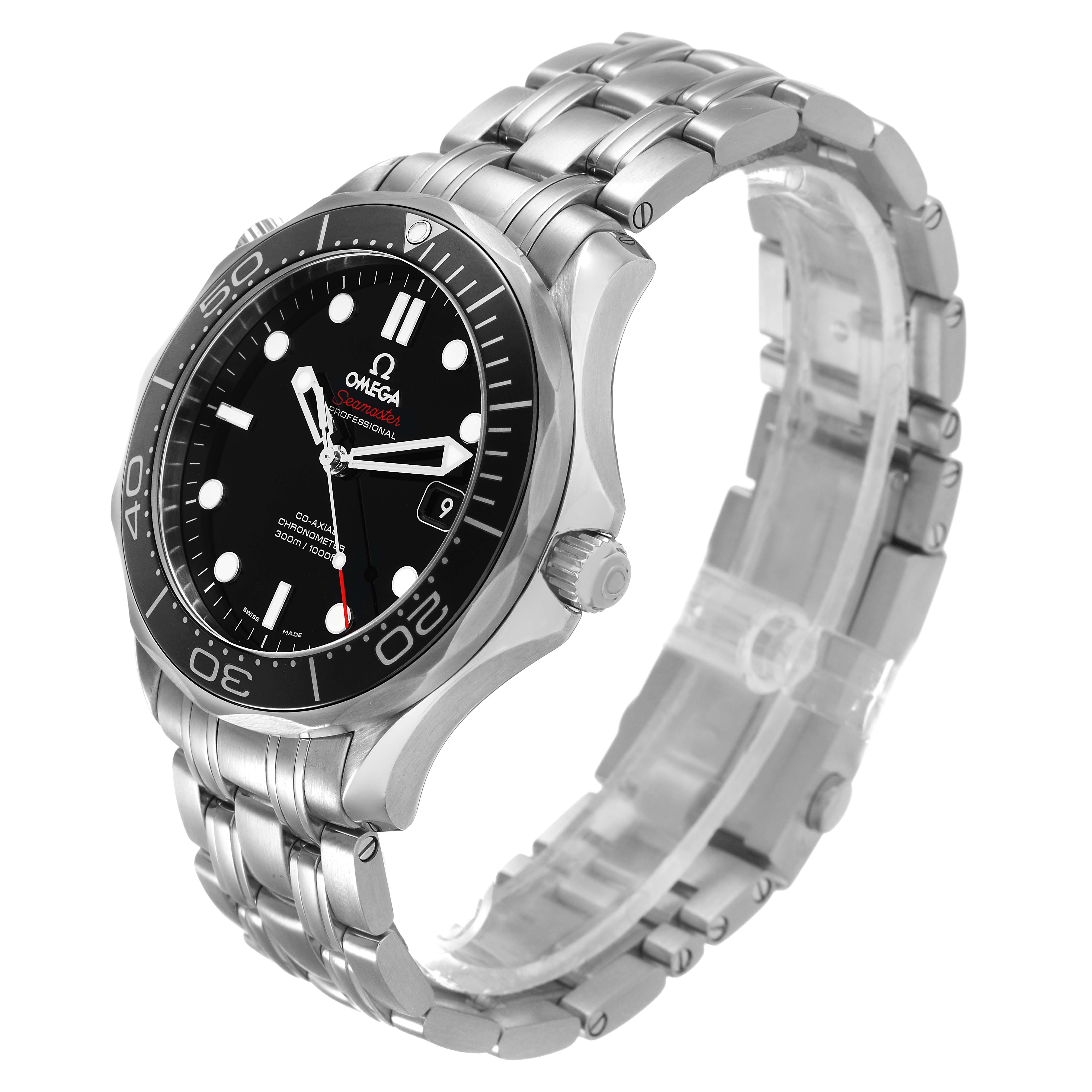 The Omega Seamaster 212.30.41.20.01.003 Men's Stainless Steel Black Dial watch is shown from a side angle, displaying the face, bezel, case, crown, and bracelet.