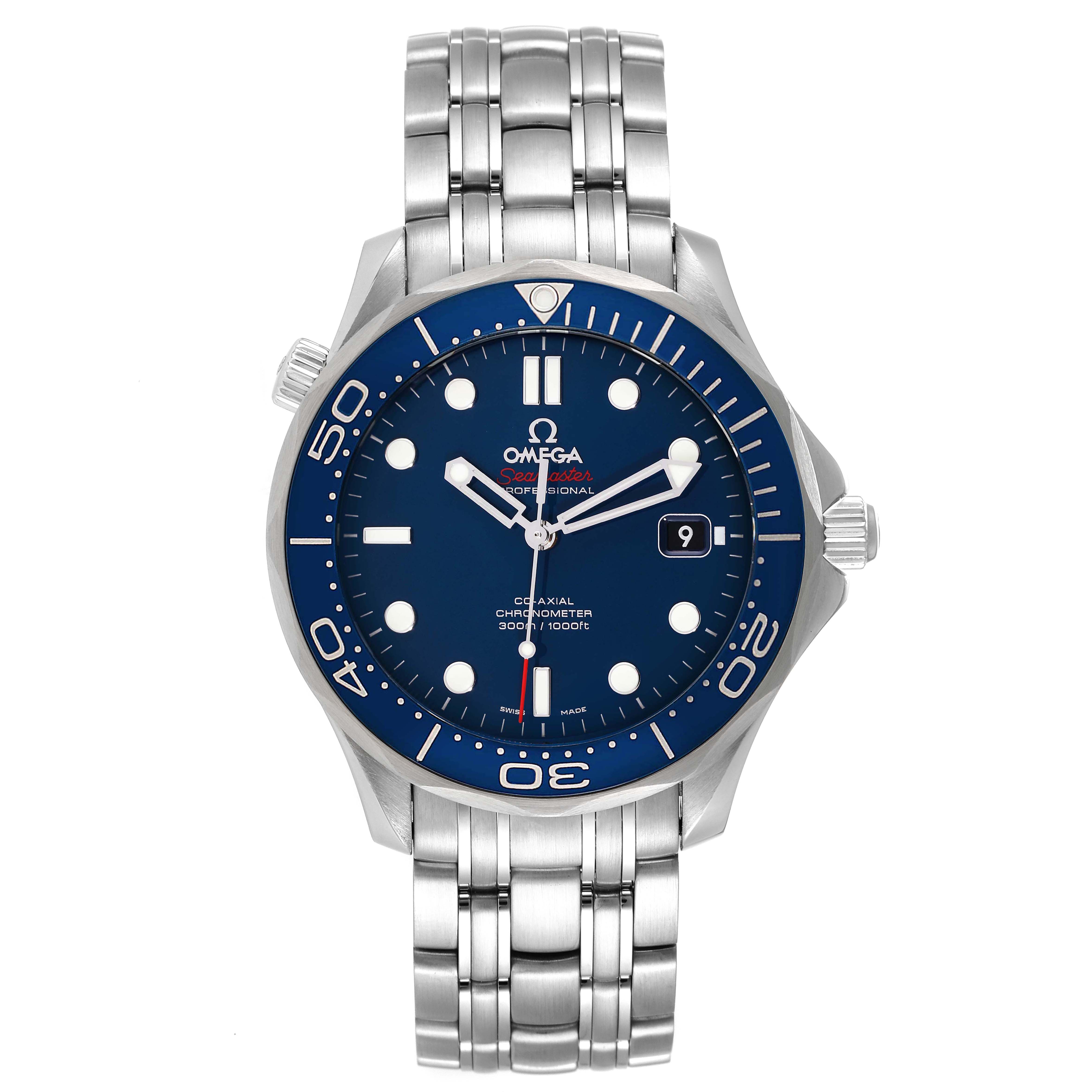 The image shows a front view of the Omega Seamaster 212.30.41.20.03.001 Men's Stainless Steel Blue Dial 212.30.41.20.03.001 Men's Stainless Steel Blue Dial watch including the face, bezel, crown, and steel bracelet.