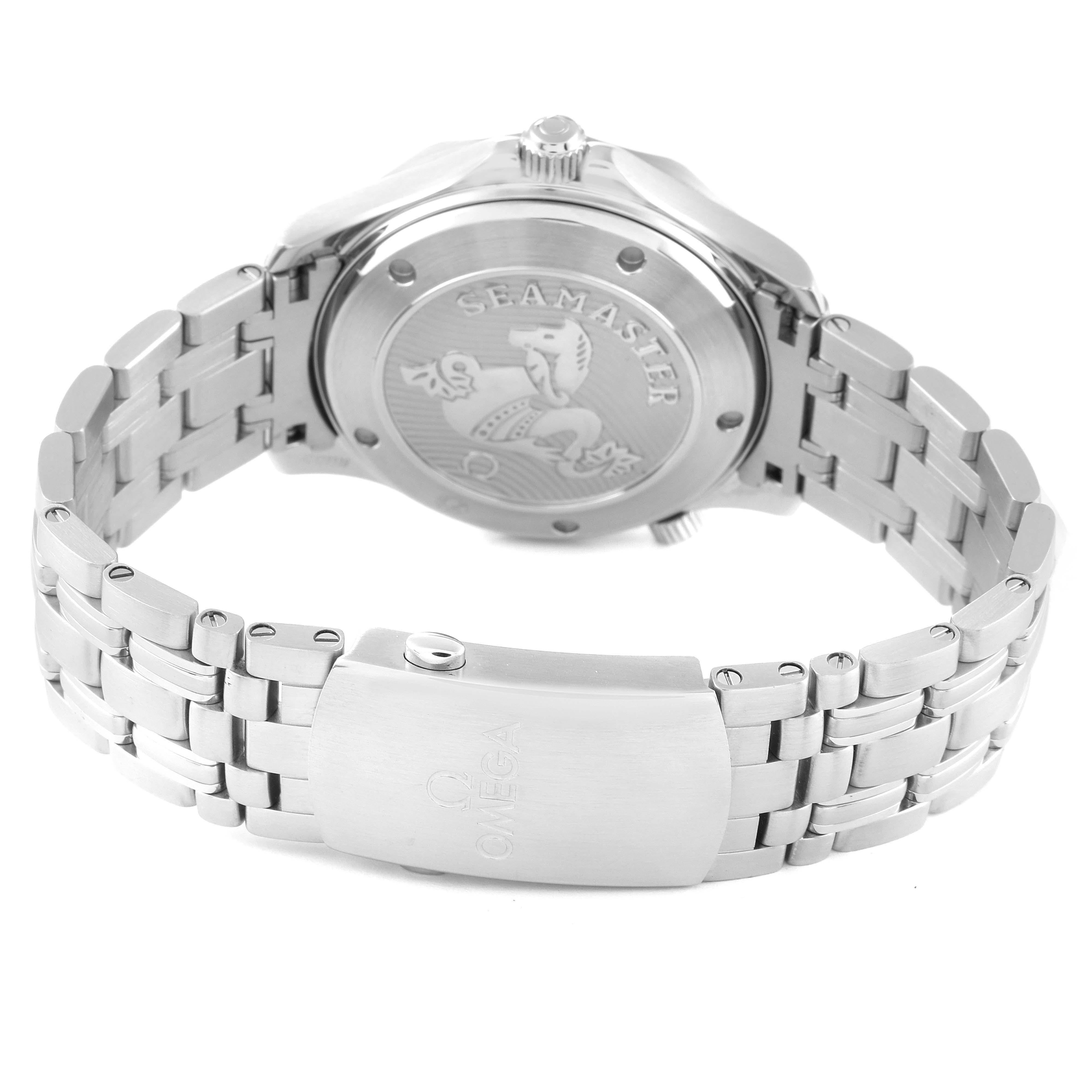 The image shows the back side of the Omega Seamaster 212.30.41.20.03.001 Men's Stainless Steel Blue Dial 212.30.41.20.03.001 Men's Stainless Steel Blue Dial watch, including its case back and stainless steel bracelet with the clasp.