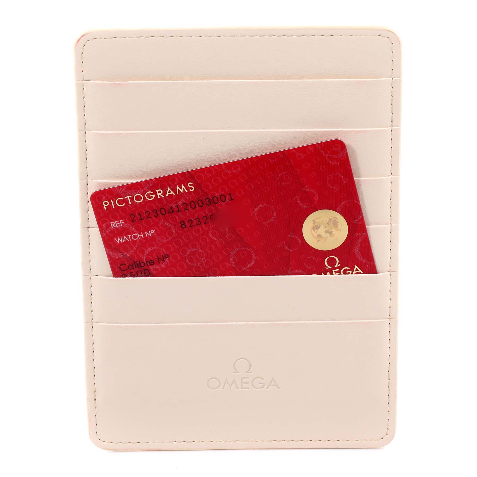 The image shows an Omega Seamaster 212.30.41.20.03.001 Men's Stainless Steel Blue Dial 212.30.41.20.03.001 Men's Stainless Steel Blue Dial warranty card holder with a red warranty card partially inserted.