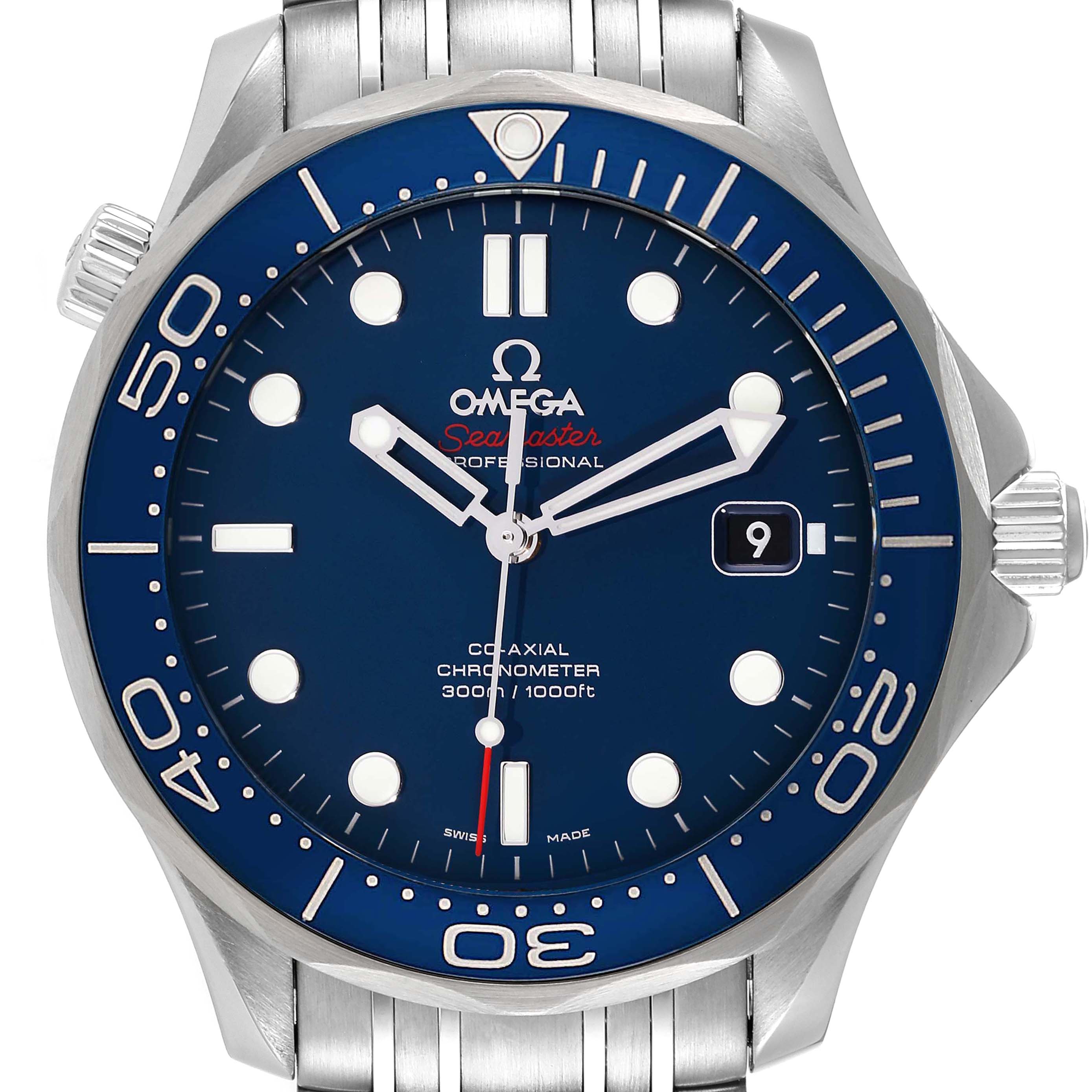 The image shows a front view of the Omega Seamaster 212.30.41.20.03.001 Men's Stainless Steel Blue Dial 212.30.41.20.03.001 Men's Stainless Steel Blue Dial watch, featuring its dial, bezel, and bracelet.