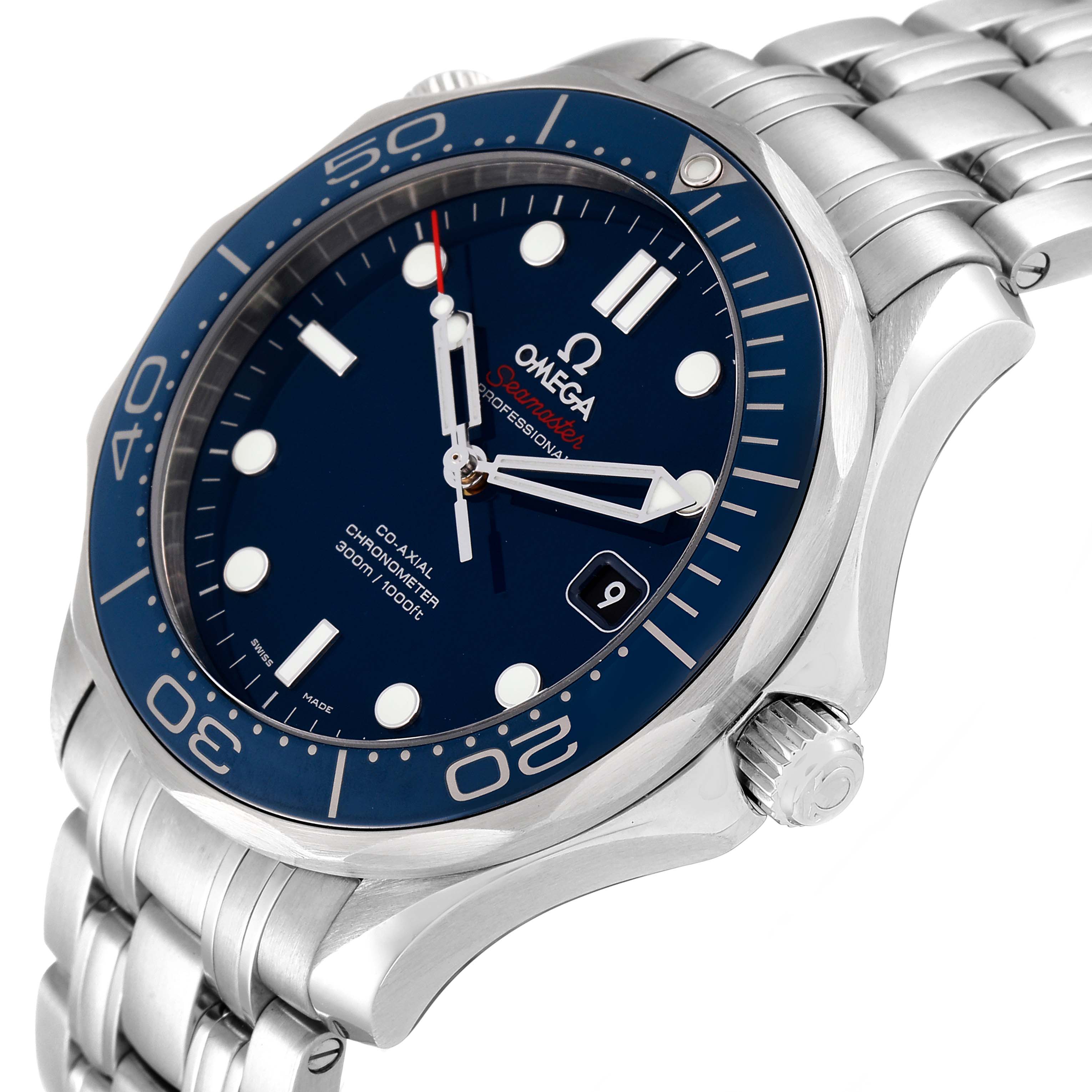 The image shows an angled view of an Omega Seamaster 212.30.41.20.03.001 Men's Stainless Steel Blue Dial 212.30.41.20.03.001 Men's Stainless Steel Blue Dial watch, displaying the bezel, dial, crown, and part of the bracelet.