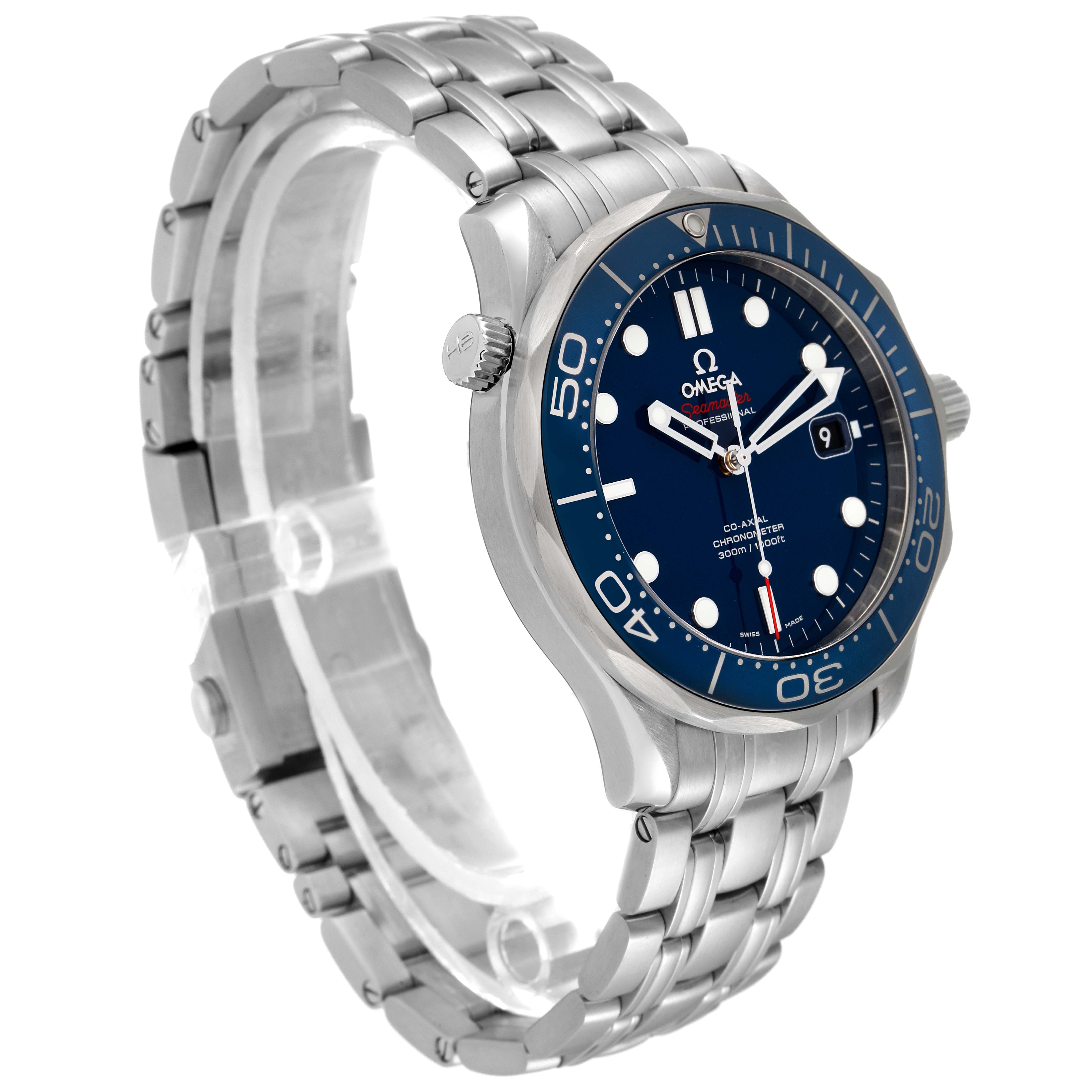 The image shows a side view of the Omega Seamaster 212.30.41.20.03.001 Men's Stainless Steel Blue Dial 212.30.41.20.03.001 Men's Stainless Steel Blue Dial watch, highlighting its bezel, dial, bracelet, and crown.