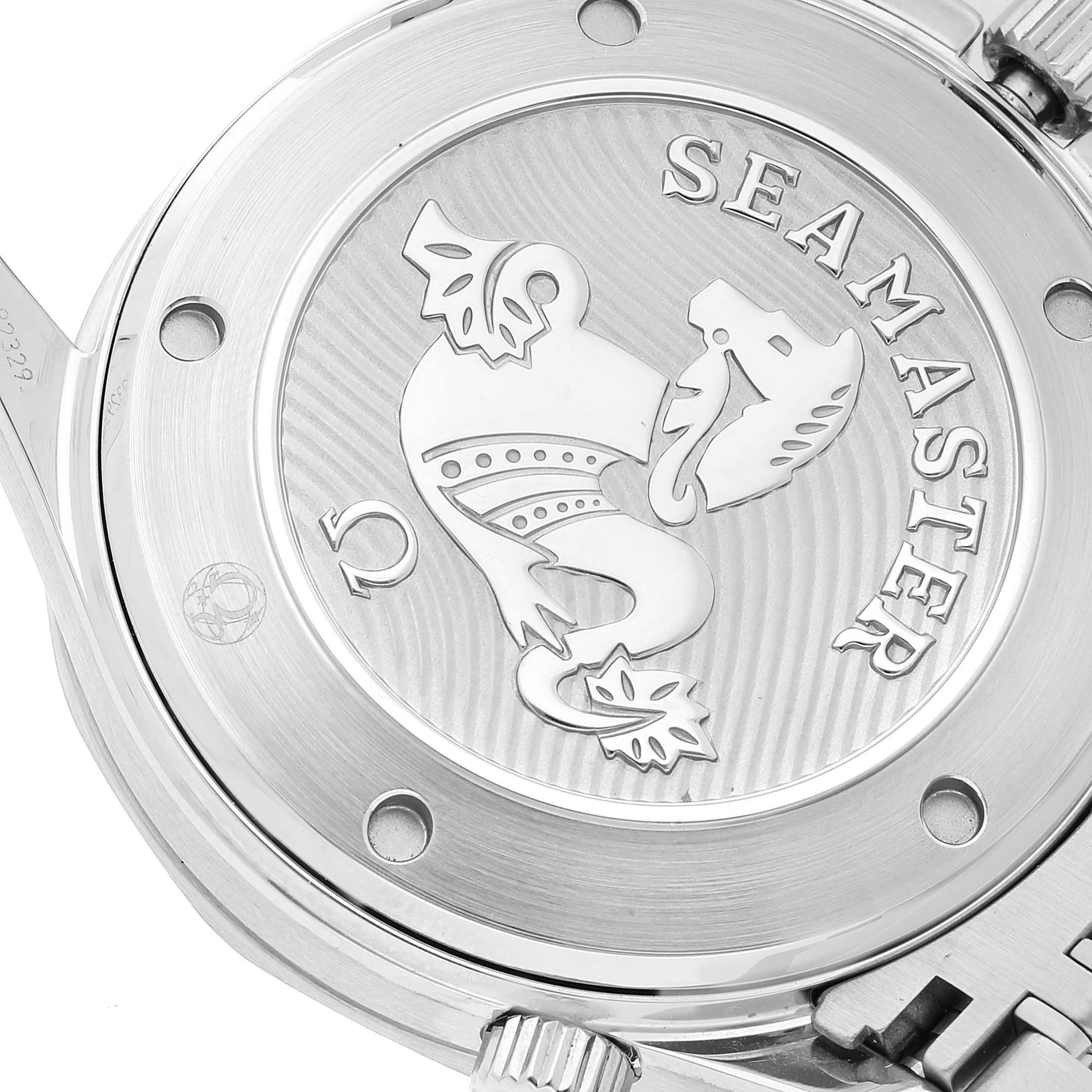 This image shows the case back of the Omega Seamaster 212.30.41.20.03.001 Men's Stainless Steel Blue Dial 212.30.41.20.03.001 Men's Stainless Steel Blue Dial watch, featuring the engraved Seamaster logo.