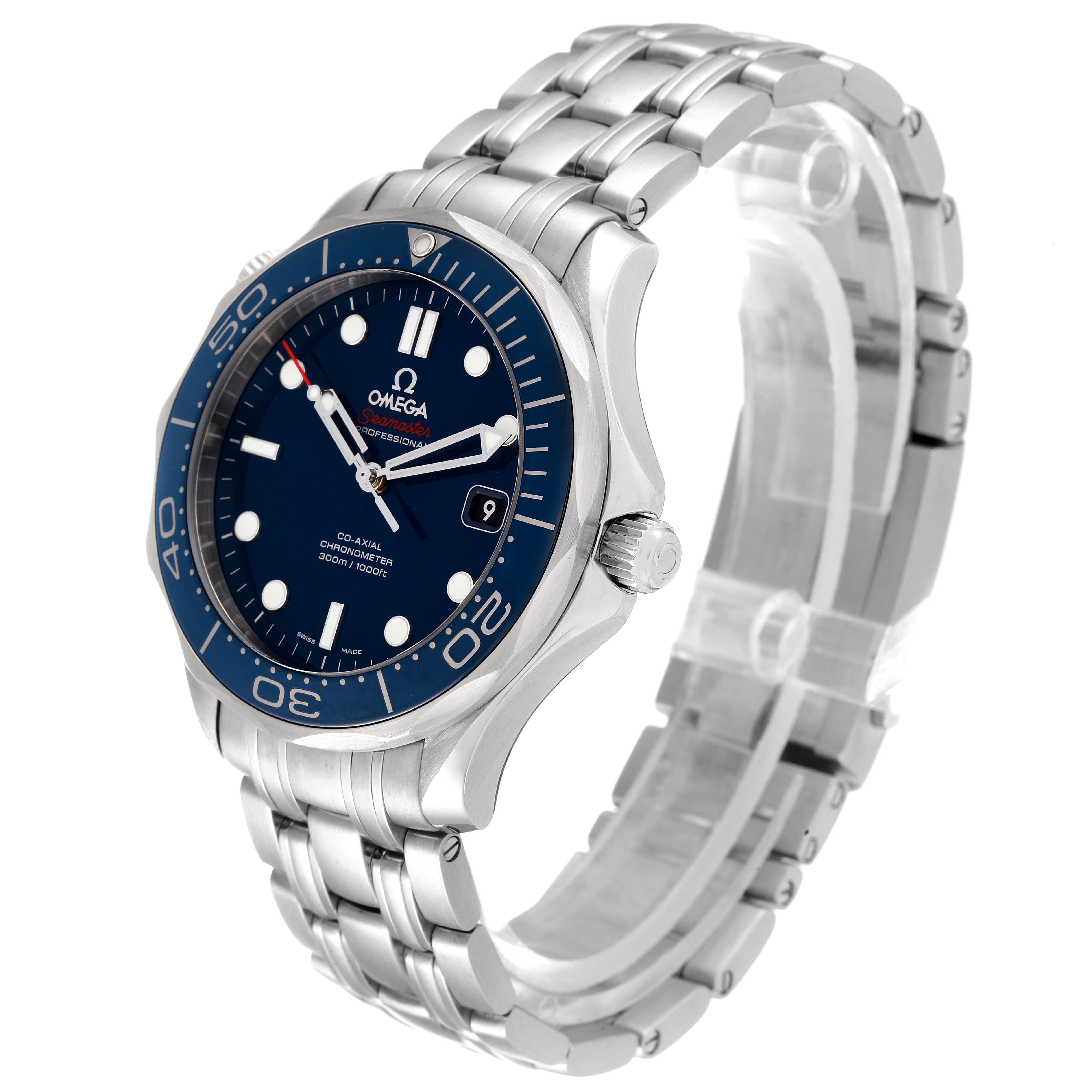 The Omega Seamaster 212.30.41.20.03.001 Men's Stainless Steel Blue Dial 212.30.41.20.03.001 Men's Stainless Steel Blue Dial watch is shown in a three-quarter view, displaying its bracelet, bezel, dial, and crown.