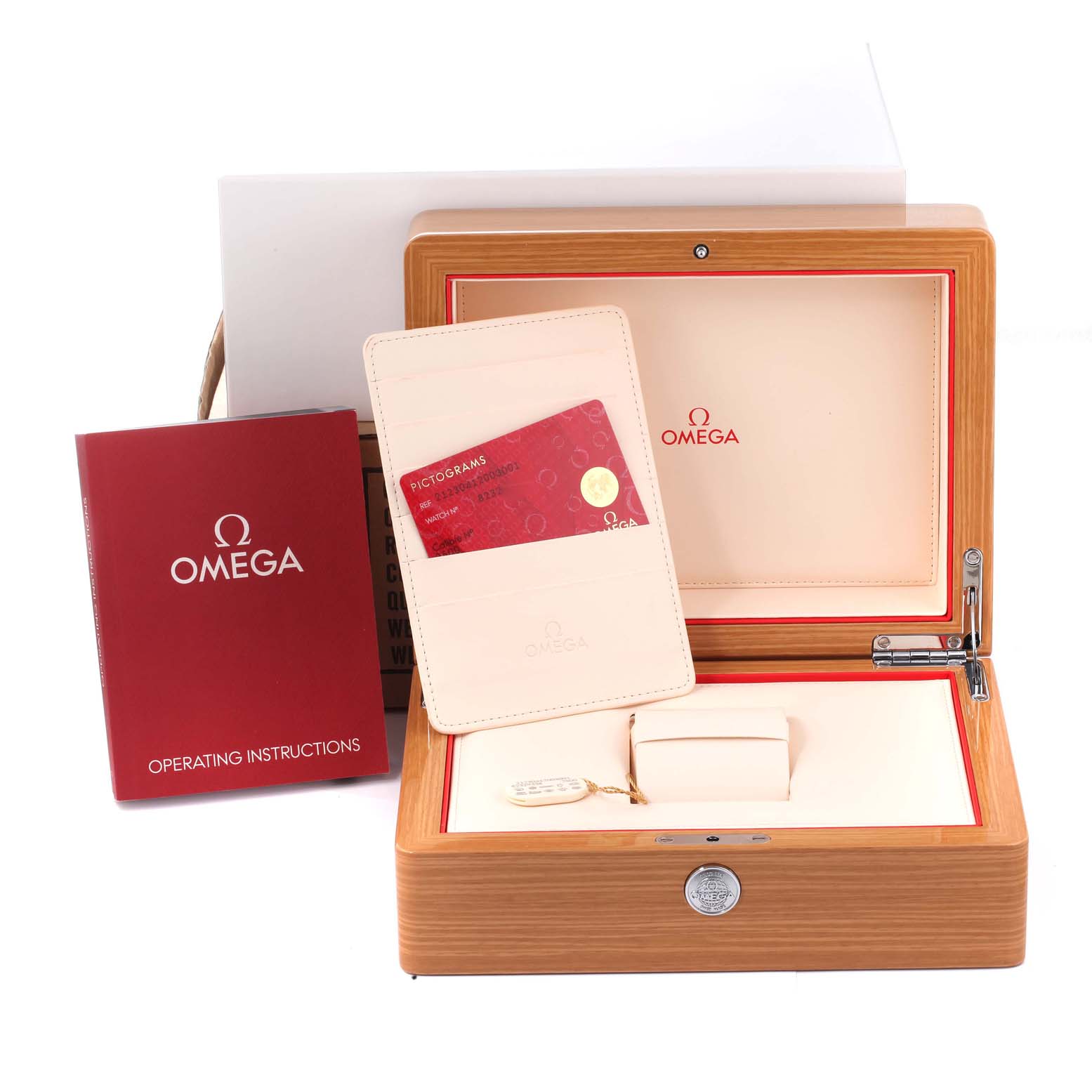 The image shows the packaging and accessories of an Omega Seamaster 212.30.41.20.03.001 Men's Stainless Steel Blue Dial 212.30.41.20.03.001 Men's Stainless Steel Blue Dial, including the watch box, operating instructions, and cards.