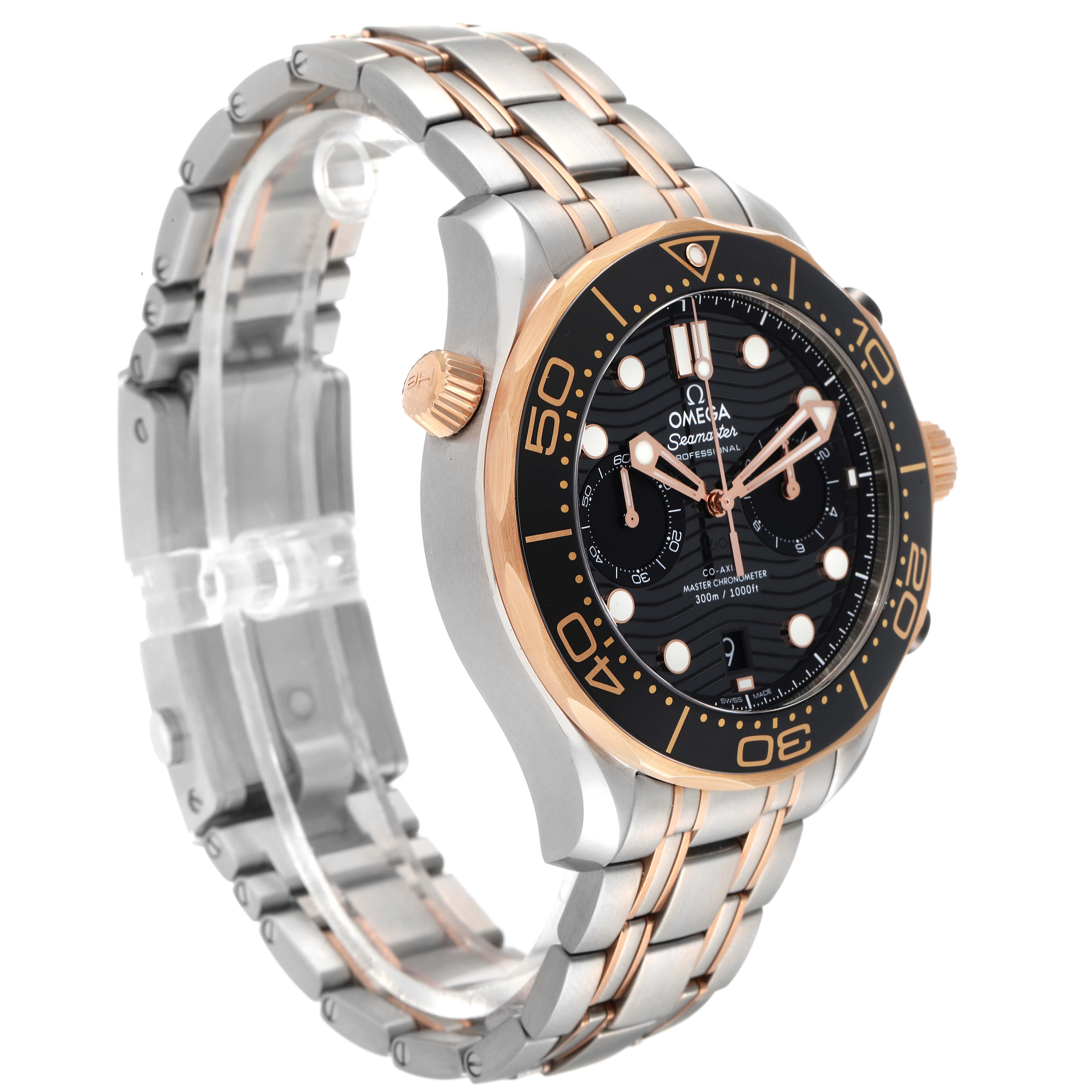 The Omega Seamaster 210.20.44.51.01.001 Men's Stainless Steel Black Dial 210.20.44.51.01.001 Men's Stainless Steel Black Dial watch is shown at a three-quarter angle, highlighting the black dial, bezel, and stainless steel and rose gold bracelet.