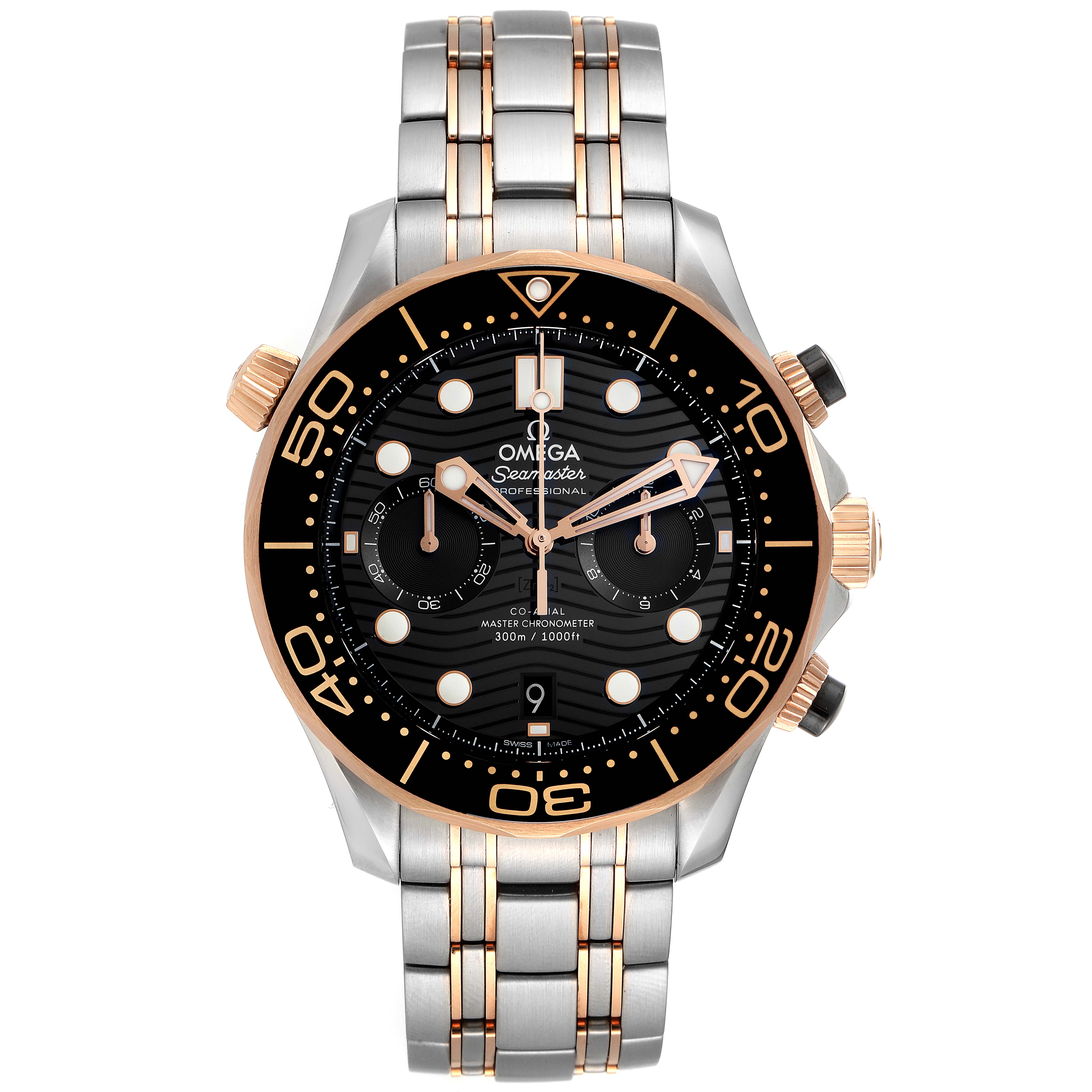 This image shows a frontal view of an Omega Seamaster 210.20.44.51.01.001 Men's Stainless Steel Black Dial 210.20.44.51.01.001 Men's Stainless Steel Black Dial watch, featuring its dial, bezel, and bracelet.