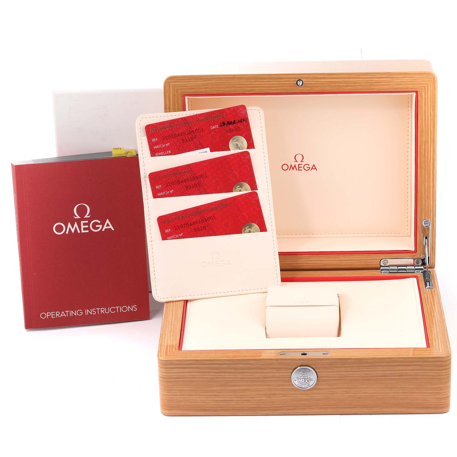 The image shows a wooden box, user manual, and warranty cards for the Omega Seamaster 210.20.44.51.01.001 Men's Stainless Steel Black Dial 210.20.44.51.01.001 Men's Stainless Steel Black Dial watch.