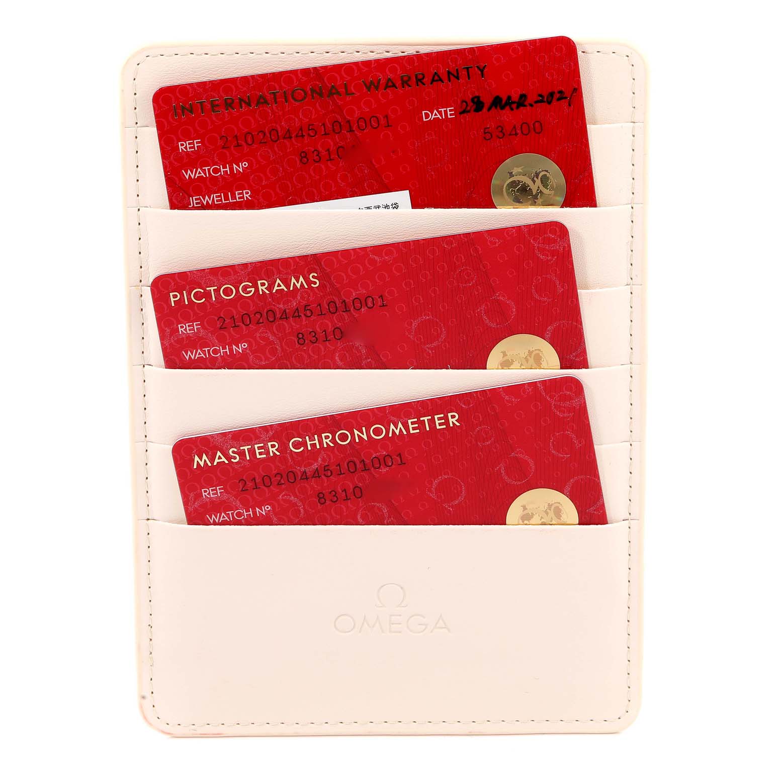 The image shows warranty and certification cards for an Omega Seamaster 210.20.44.51.01.001 Men's Stainless Steel Black Dial 210.20.44.51.01.001 Men's Stainless Steel Black Dial, contained in a white card holder.