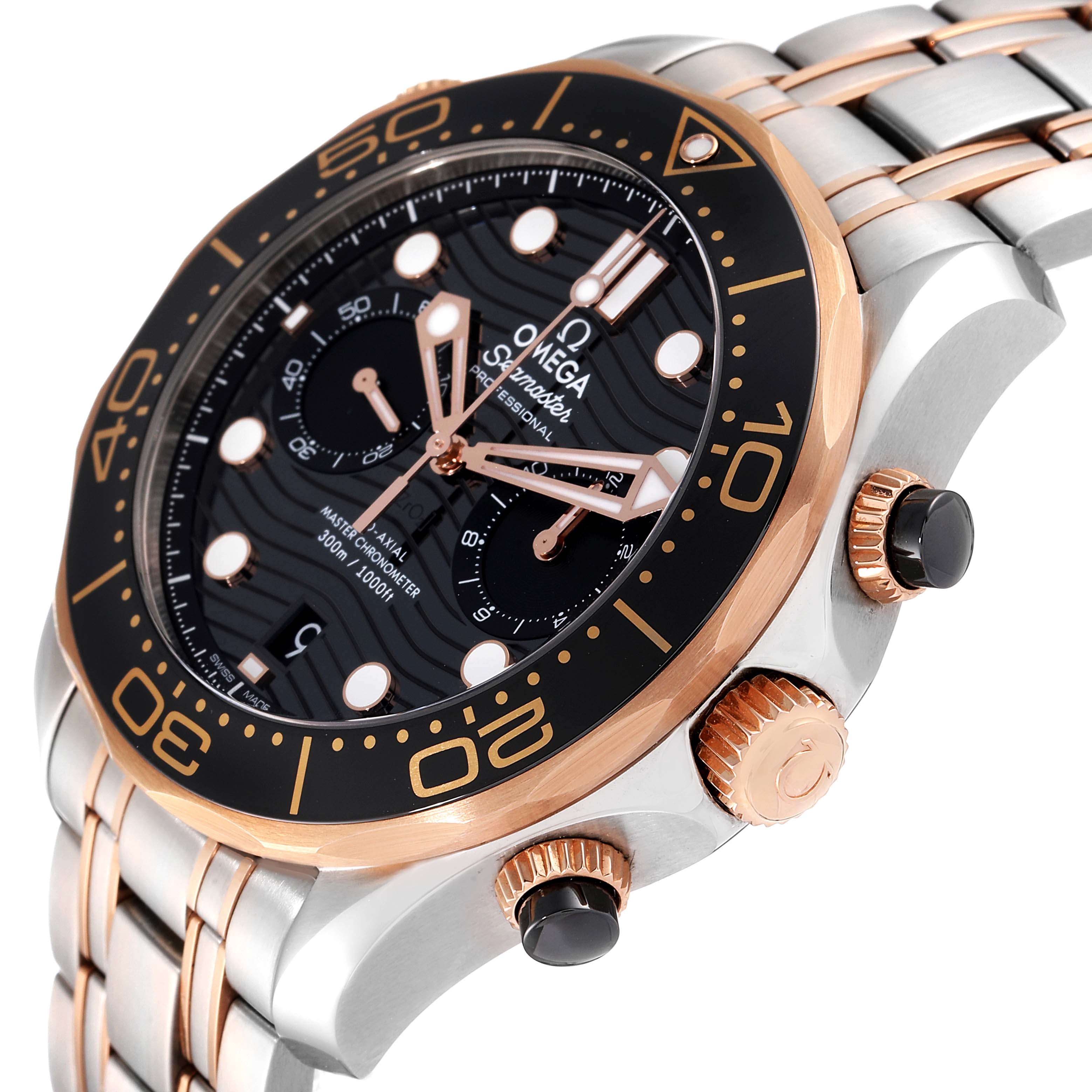 This image shows a close-up angled view of an Omega Seamaster 210.20.44.51.01.001 Men's Stainless Steel Black Dial 210.20.44.51.01.001 Men's Stainless Steel Black Dial watch, highlighting its bezel, dial, and crown with pushers.