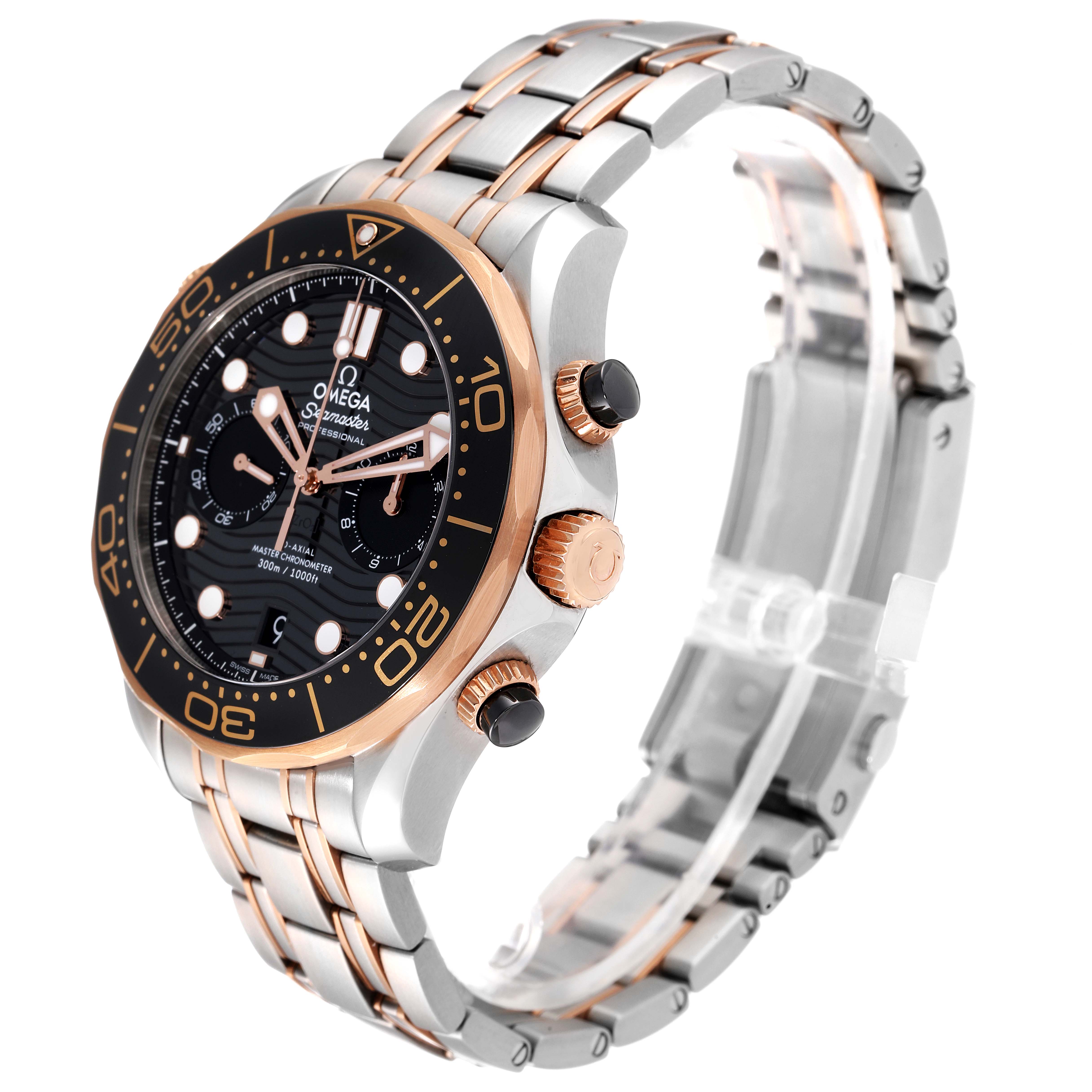 The image shows a side angle of an Omega Seamaster 210.20.44.51.01.001 Men's Stainless Steel Black Dial 210.20.44.51.01.001 Men's Stainless Steel Black Dial watch, highlighting the bezel, crown, pushers, and bracelet.