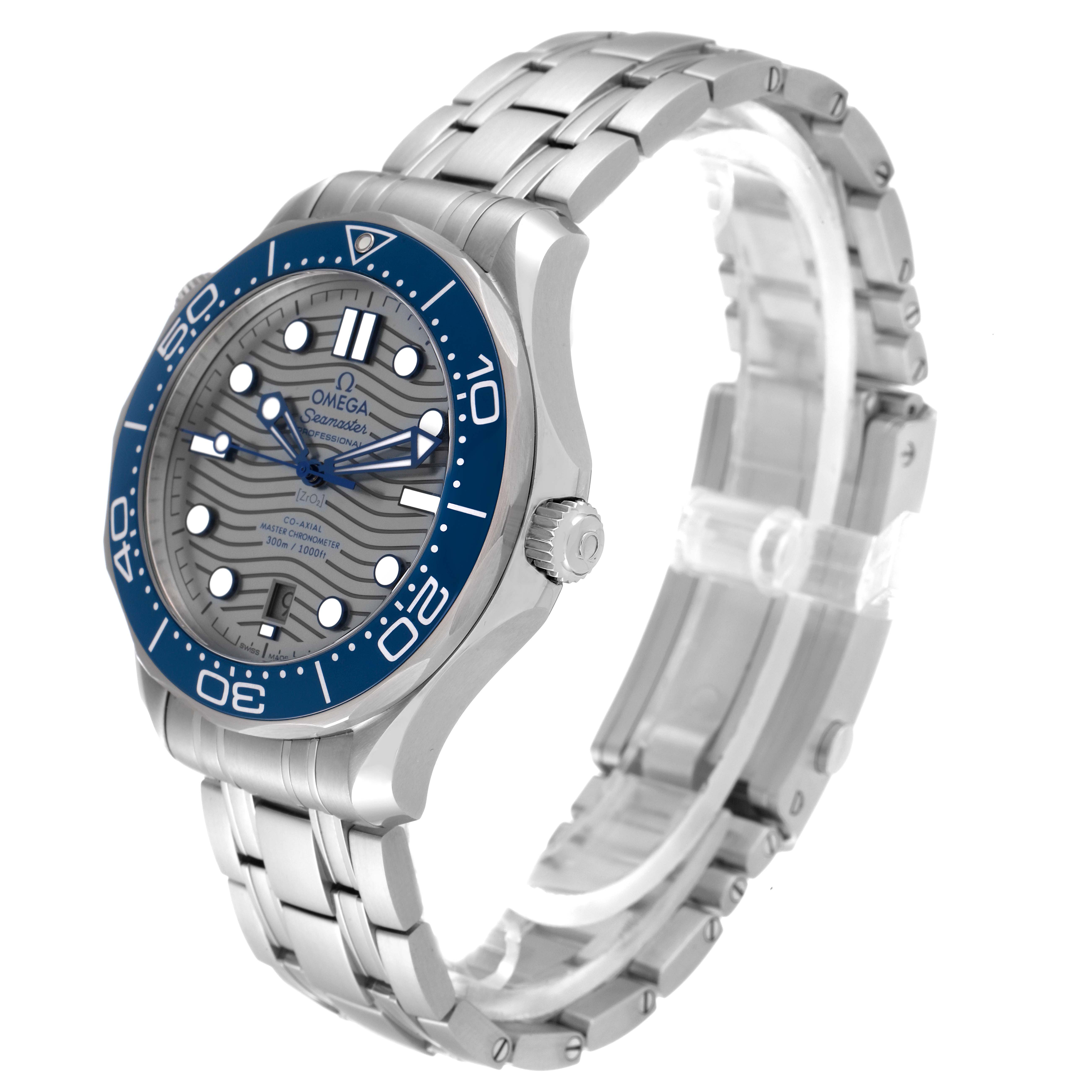 The image shows the Omega Seamaster 210.30.42.20.06.001 Men's Stainless Steel Grey Dial 210.30.42.20.06.001 Men's Stainless Steel Grey Dial watch at an oblique angle, highlighting its dial, bezel, and metal bracelet.