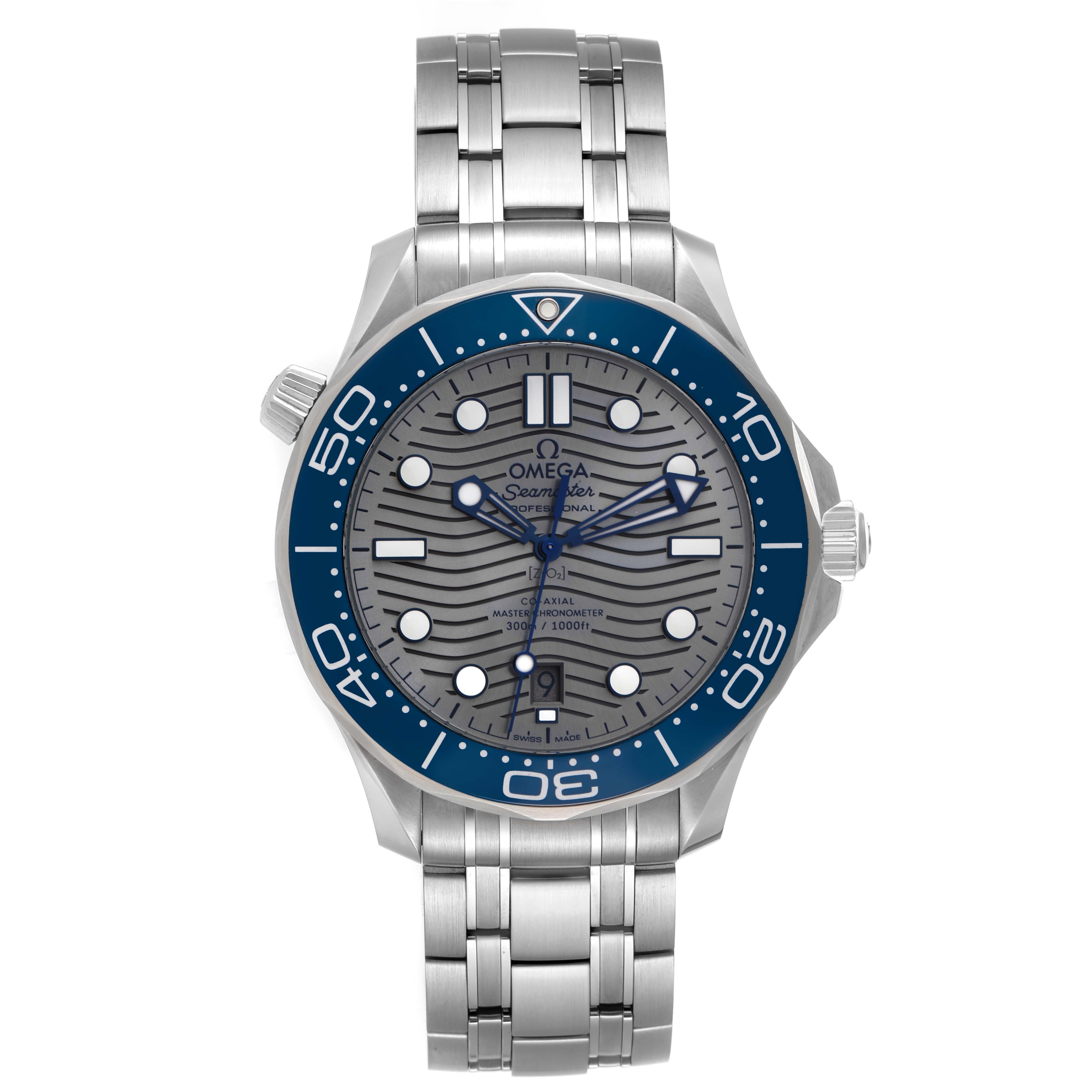 This image shows a front view of the Omega Seamaster 210.30.42.20.06.001 Men's Stainless Steel Grey Dial 210.30.42.20.06.001 Men's Stainless Steel Grey Dial watch, highlighting the dial, bezel, crown, and bracelet.